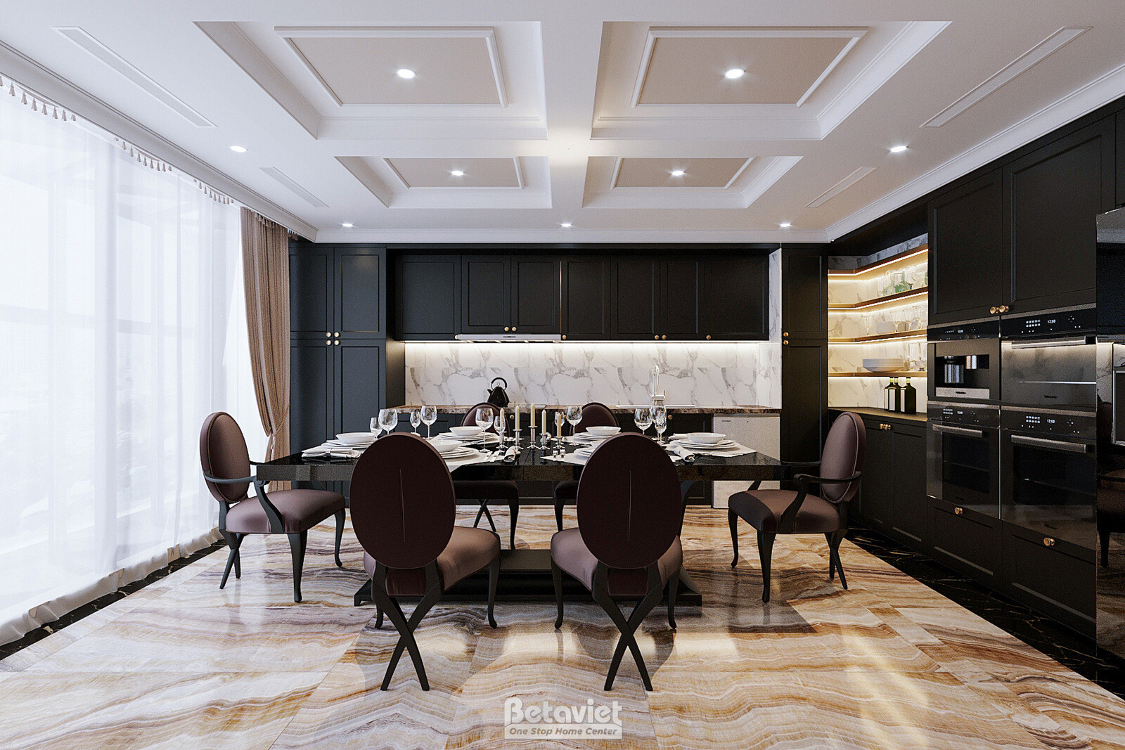 Không gian bếp và bàn ăn Penthouse liên thông, đảo bếp đen kịch trần, bàn ăn sáu ghế mặt đá đen bóng. Cửa sổ lớn lấy ánh s…