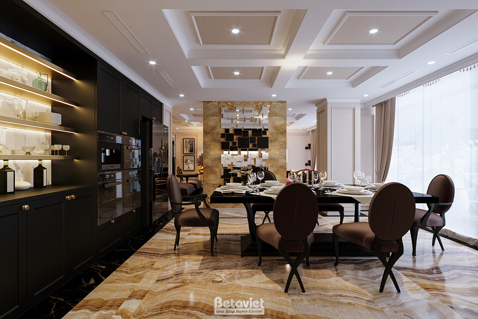 Bàn ăn dài Penthouse mặt đá vân mây, ghế bọc da nâu tím êm ái, kệ rượu đen ánh kim phía sau. Tường đối diện ốp đá tự nhiên…