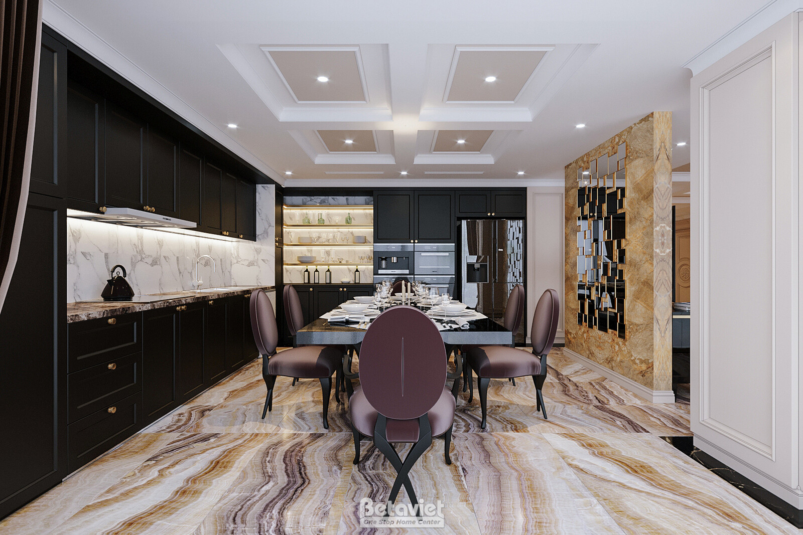 Phòng ăn Penthouse liên thông bếp đảo đen, bàn ăn mặt đá đen bóng cùng ghế bọc da nâu tím. Mảng tường ánh kim vàng làm điể…