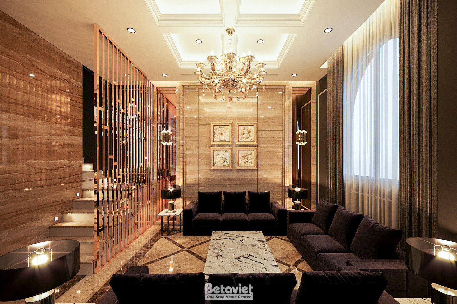 Góc sảnh tầng 1 với cầu thang và vách kim loại chạm hoa văn phía sau, sofa đen kê giữa, bàn trà đá trắng vân mây. Tường ốp…