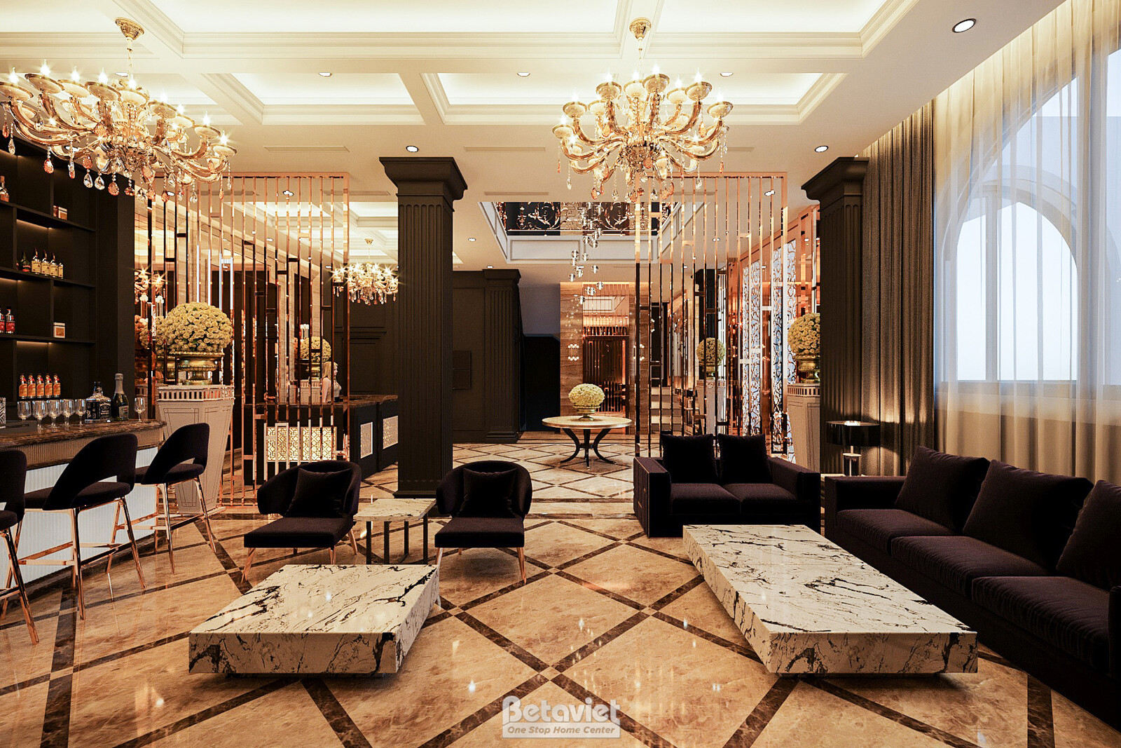 Khu vực lounge kết hợp bar tại sảnh tầng 1, hai bộ sofa nhung đen bố trí đối xứng quanh bàn trà đá trắng vân mây. Cột đen…