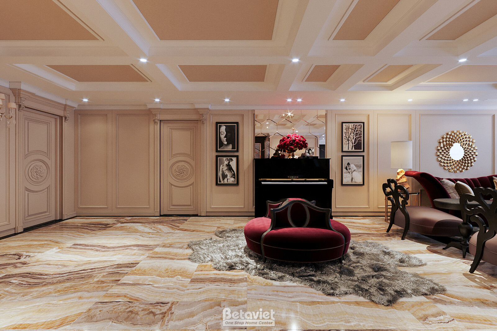 Góc sảnh tầng Penthouse ốp gỗ nâu ấm, tranh nghệ thuật treo tường, piano đen góc phòng. Sofa tròn đỏ rượu vang trên thảm l…