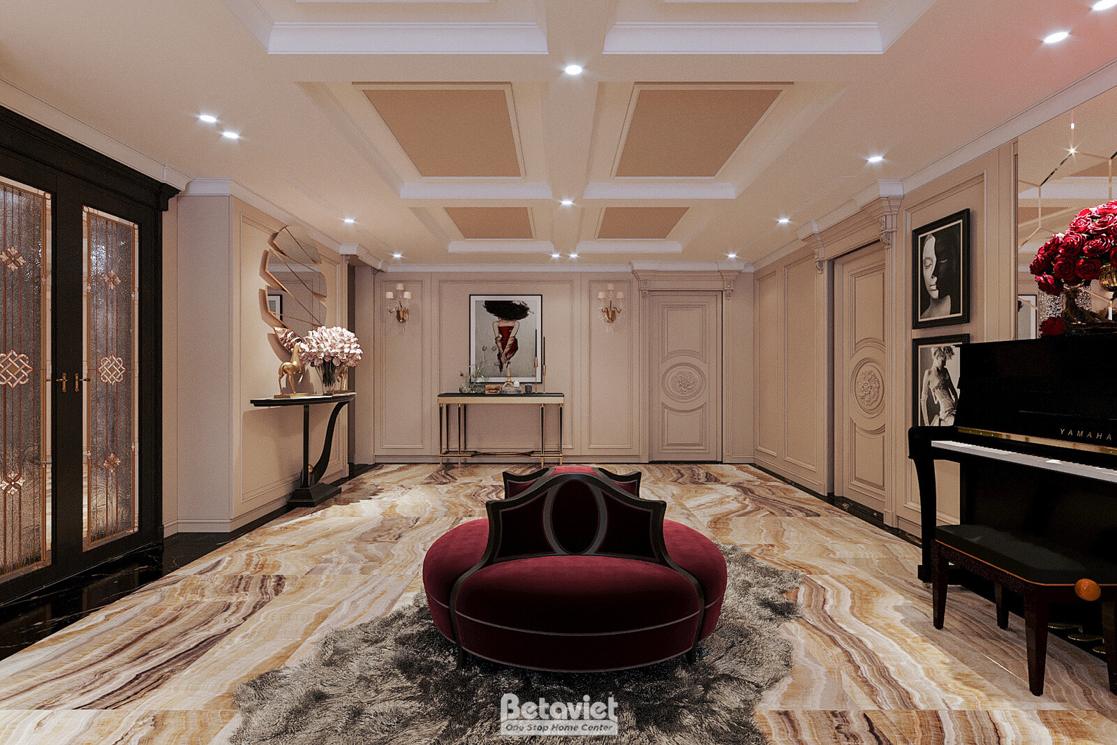 Góc sảnh tầng Penthouse với tủ trang trí đen ánh đồng, hai chậu cây trang trí đối xứng, sofa tròn đỏ rượu vang phía trước…