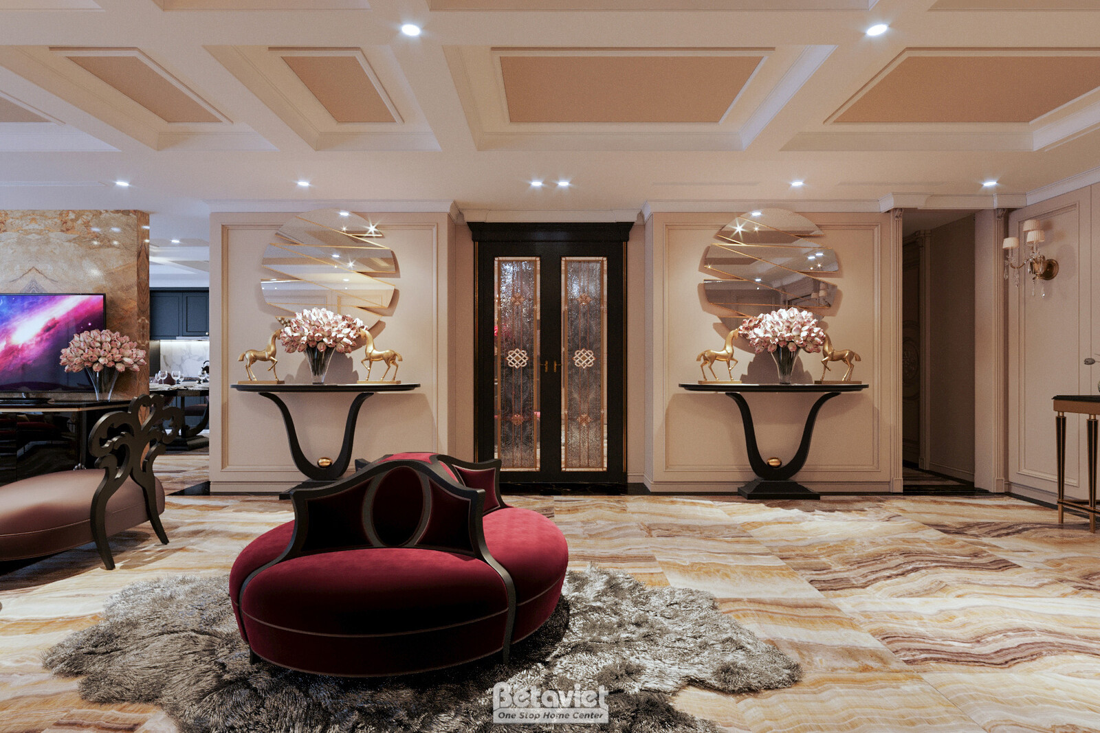 Sảnh tầng Penthouse với kệ console chân cong đen, gương tròn lớn khung kim loại, bình hoa hồng trang trí. Sofa tròn đỏ rượ…