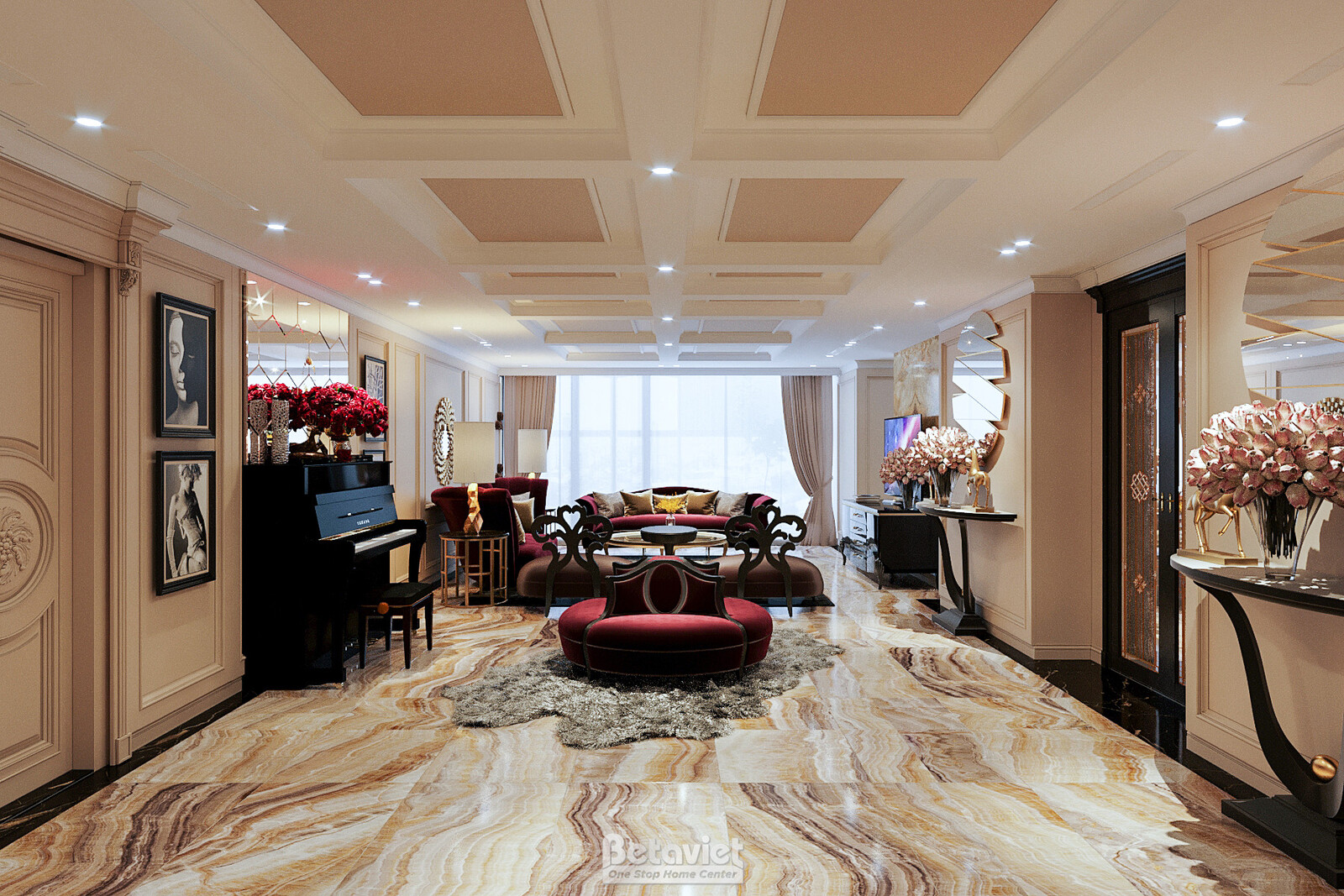 Sảnh tầng Penthouse nhìn dọc hành lang, đàn piano đen góc trái, sofa tròn đỏ rượu vang đặt giữa không gian. Sàn đá vân car…