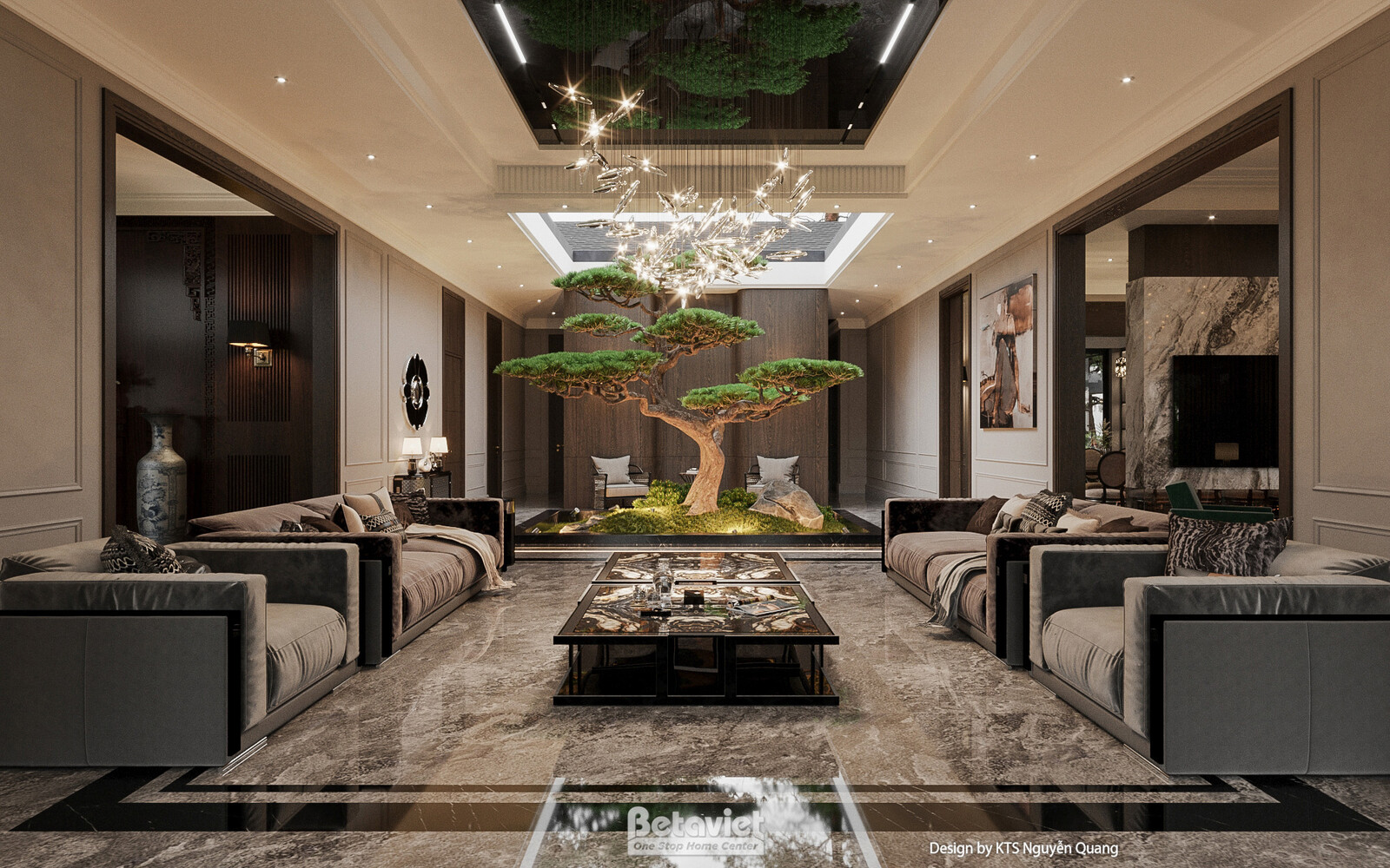 Nội thất phòng khách biệt thự hiện đại luxury NT25852 – góc nhìn tổng thể