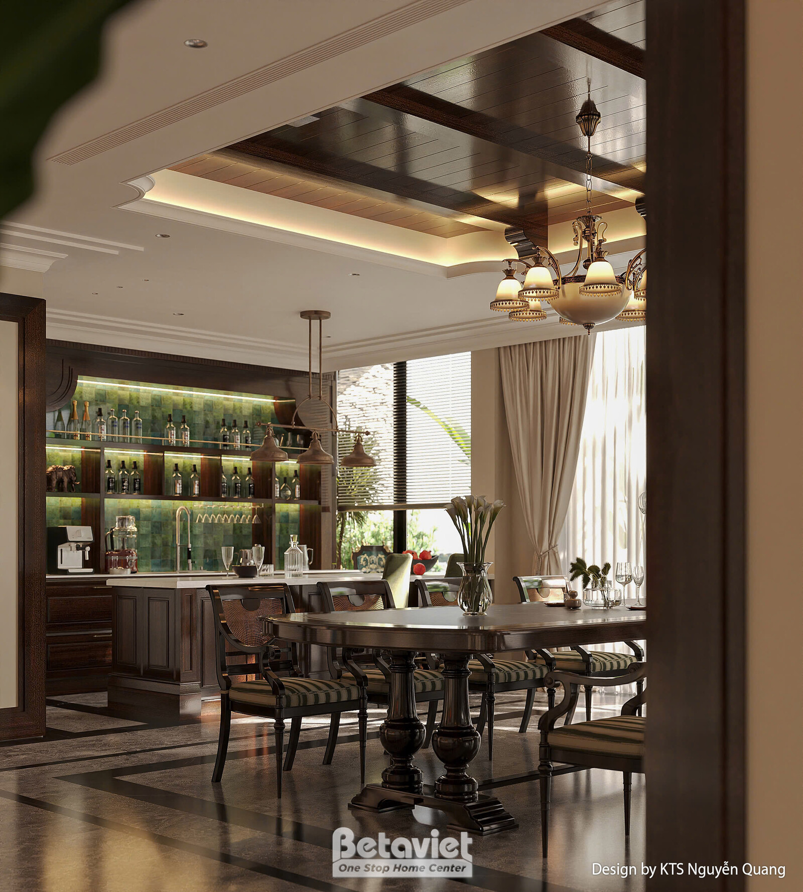 Toàn cảnh phòng ăn nhìn từ phía quầy bar rượu, bàn ăn dài phía trước, kệ rượu kính phía sau, ánh sáng tự nhiên tràn từ cửa…