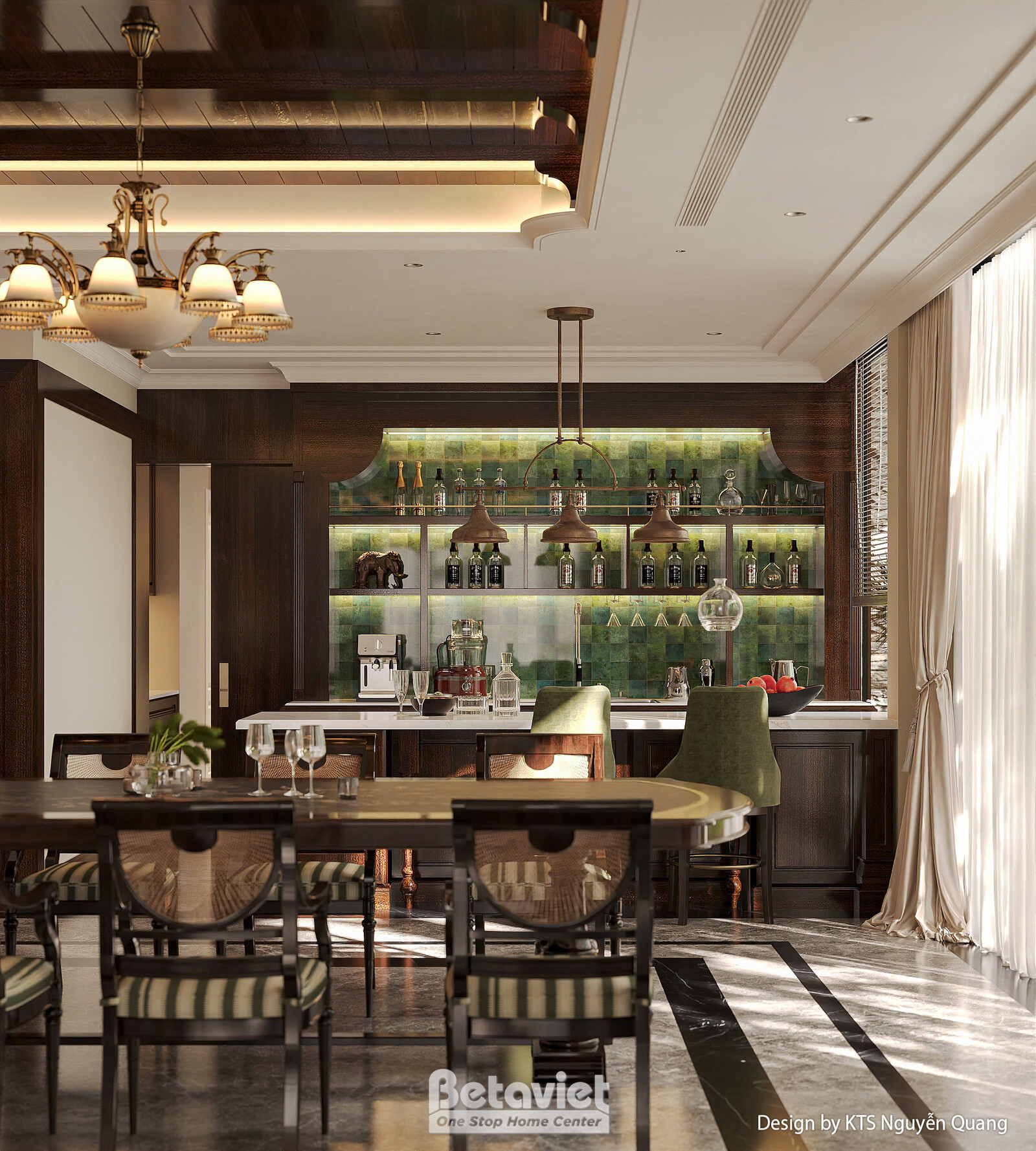 Góc khác của khu bàn ăn, phía sau lộ quầy bar rượu ốp kính xanh ngọc có đèn chiếu điểm, dãy ghế ăn sọc xanh xếp dọc theo b…
