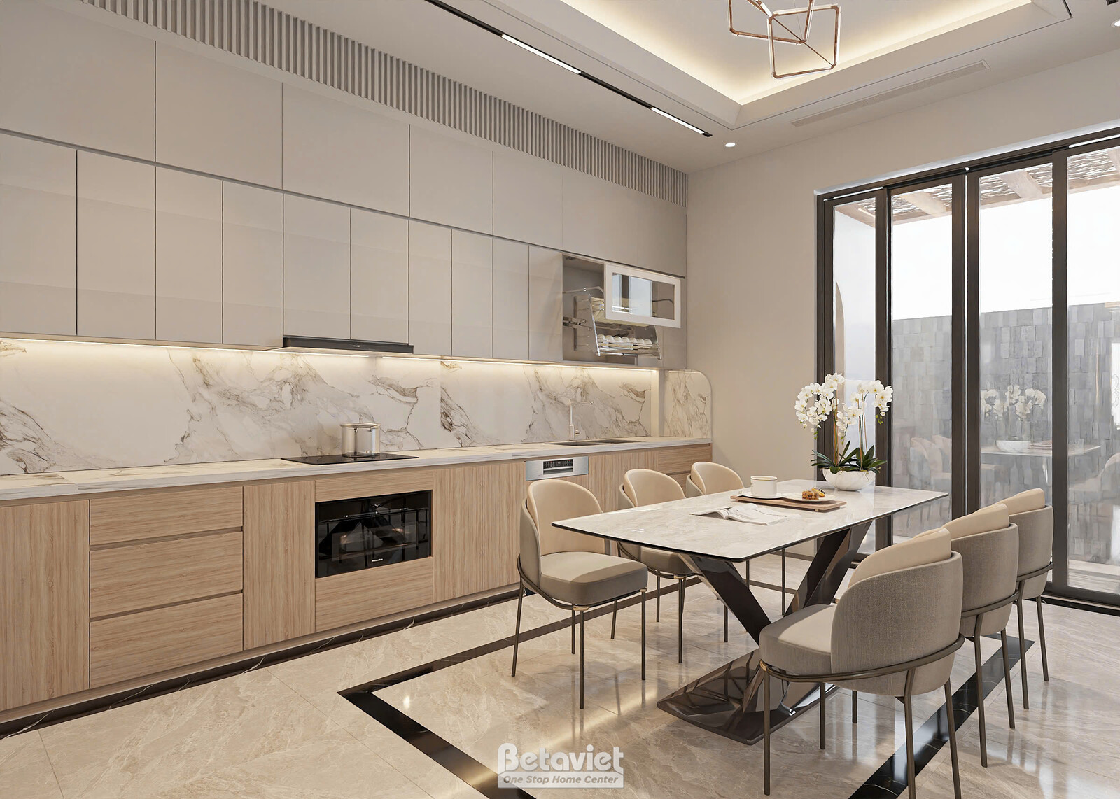 Dãy tủ bếp tuyến tính sát tường với cánh tủ trên màu trắng, tủ dưới phủ laminate vân gỗ, mặt bếp và ốp lưng bằng đá marble…