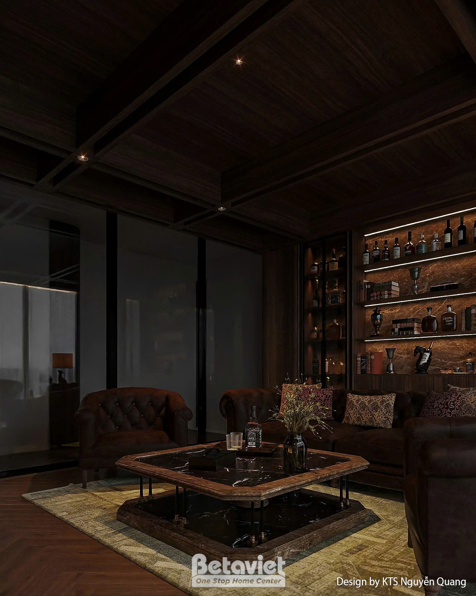 Góc phòng khách ánh sáng trầm tối, phản chiếu qua vách kính ngăn không gian, kệ bar mờ phía sau, sofa da nâu và bàn trà đá…