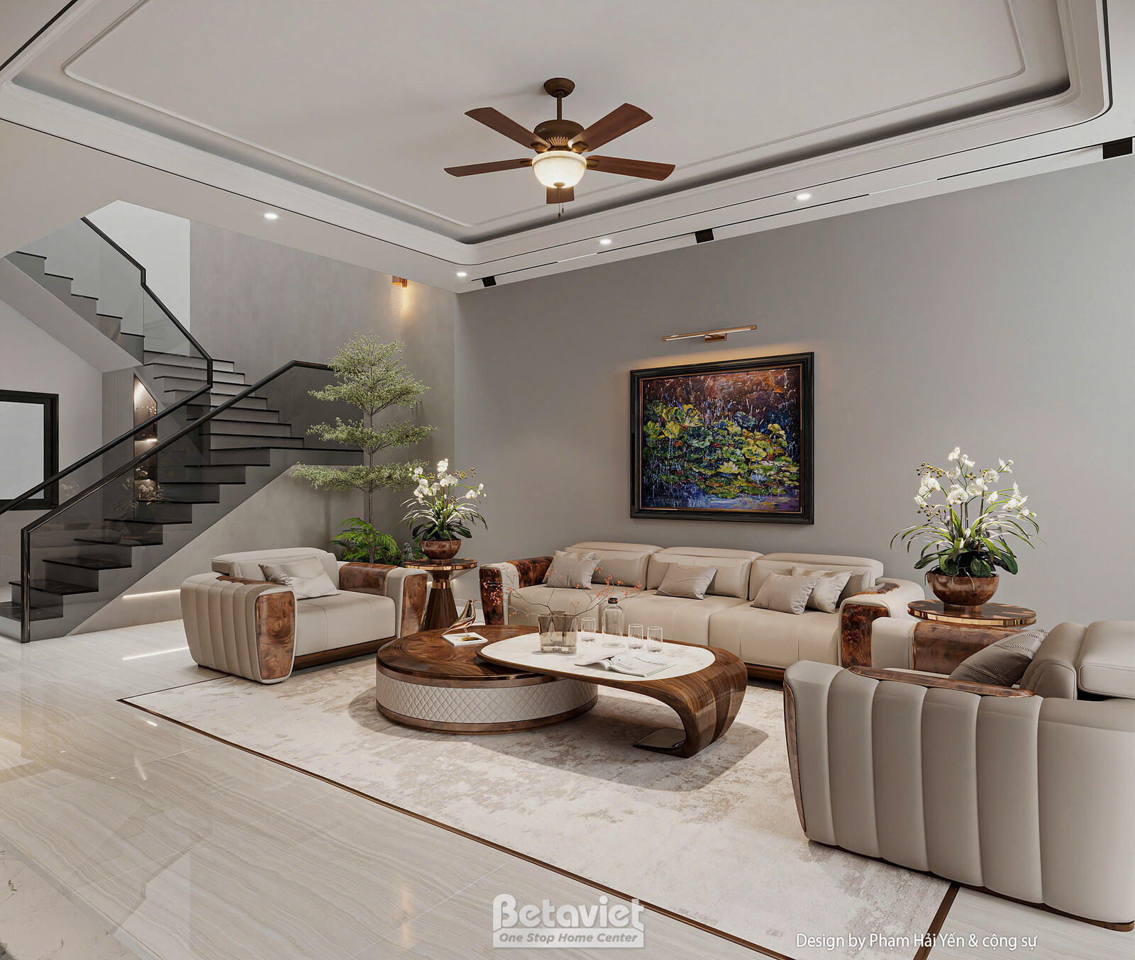 Phối cảnh xuyên suốt từ phòng khách tới vách tivi cuối phòng, sàn đá granite bóng phản chiếu ánh sáng, rèm cửa kính khung…