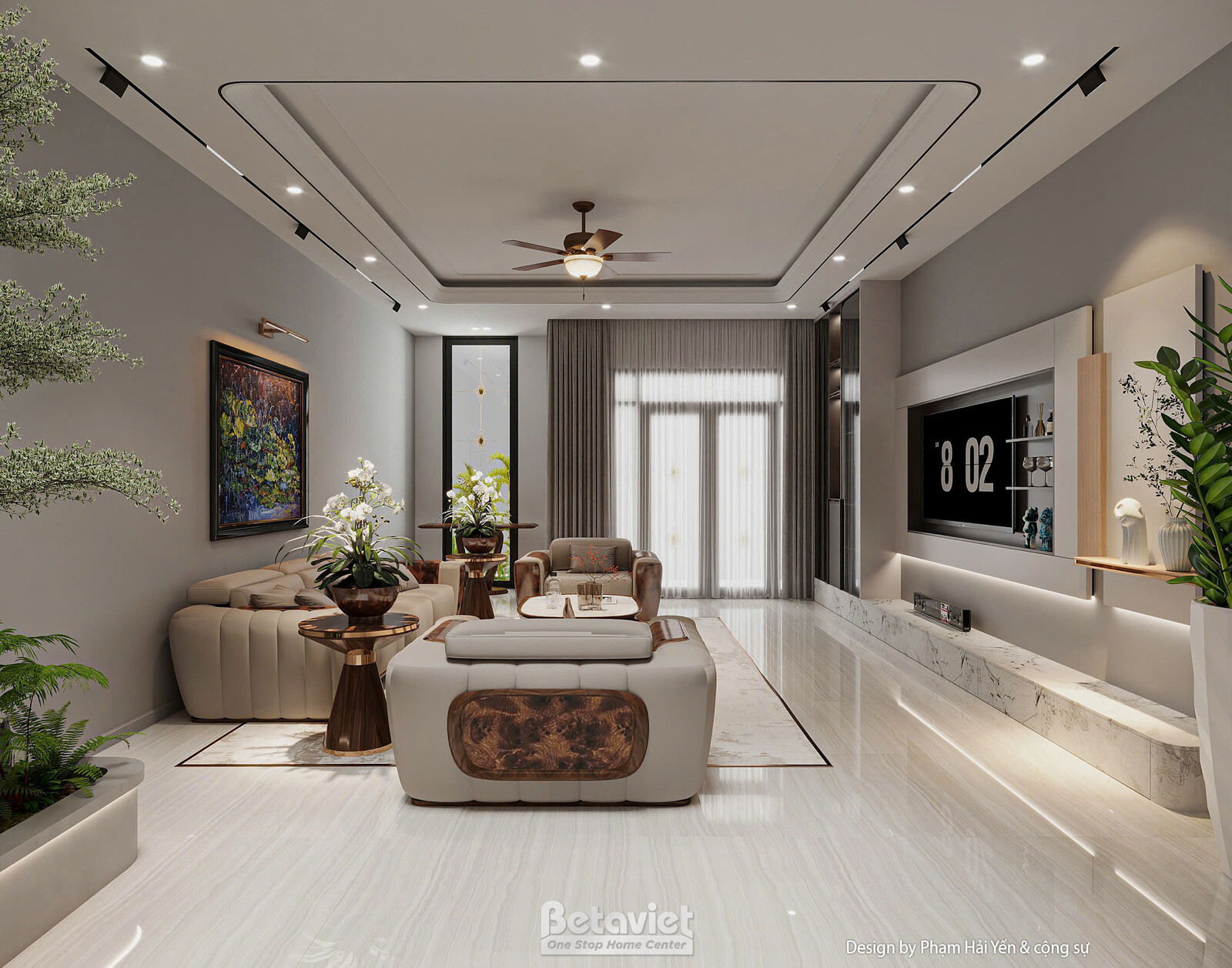 Góc nhìn phòng khách lấy nét bộ quạt trần cánh gỗ trên trần thạch cao giật cấp, sofa da kem đặt đối xứng, tranh nghệ thuật…