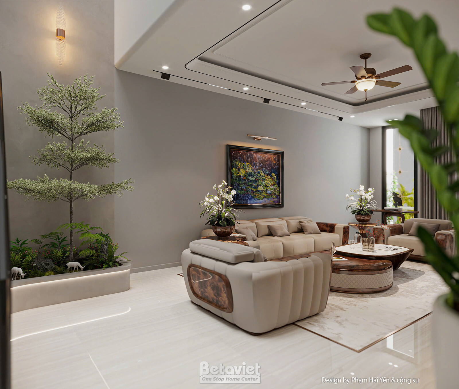 Phòng khách nhìn nghiêng với cầu thang kính lộ ra phía sau, bộ sofa da kem tay gỗ, bàn trà đá tròn, tranh treo tường và ch…