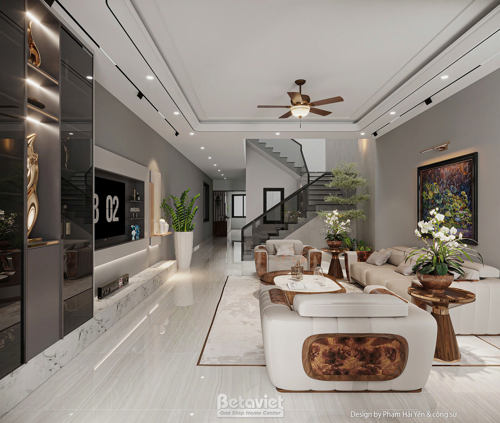 Toàn cảnh dọc phòng khách liên thông với khu vực cầu thang, sàn đá marble sáng bóng, vách tivi ốp đá kết hợp kệ gỗ, ánh sá…