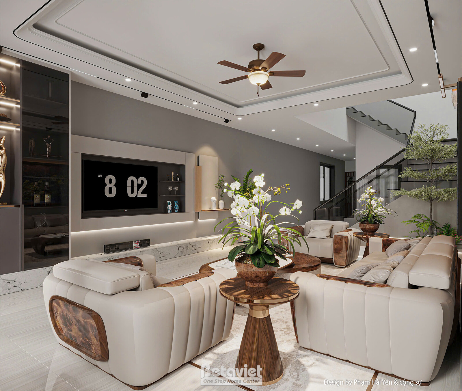 Không gian phòng khách hướng về vách tivi ốp đá marble trắng vân xám, kệ trang trí âm tường đặt tượng và bình gốm, tủ rượu…