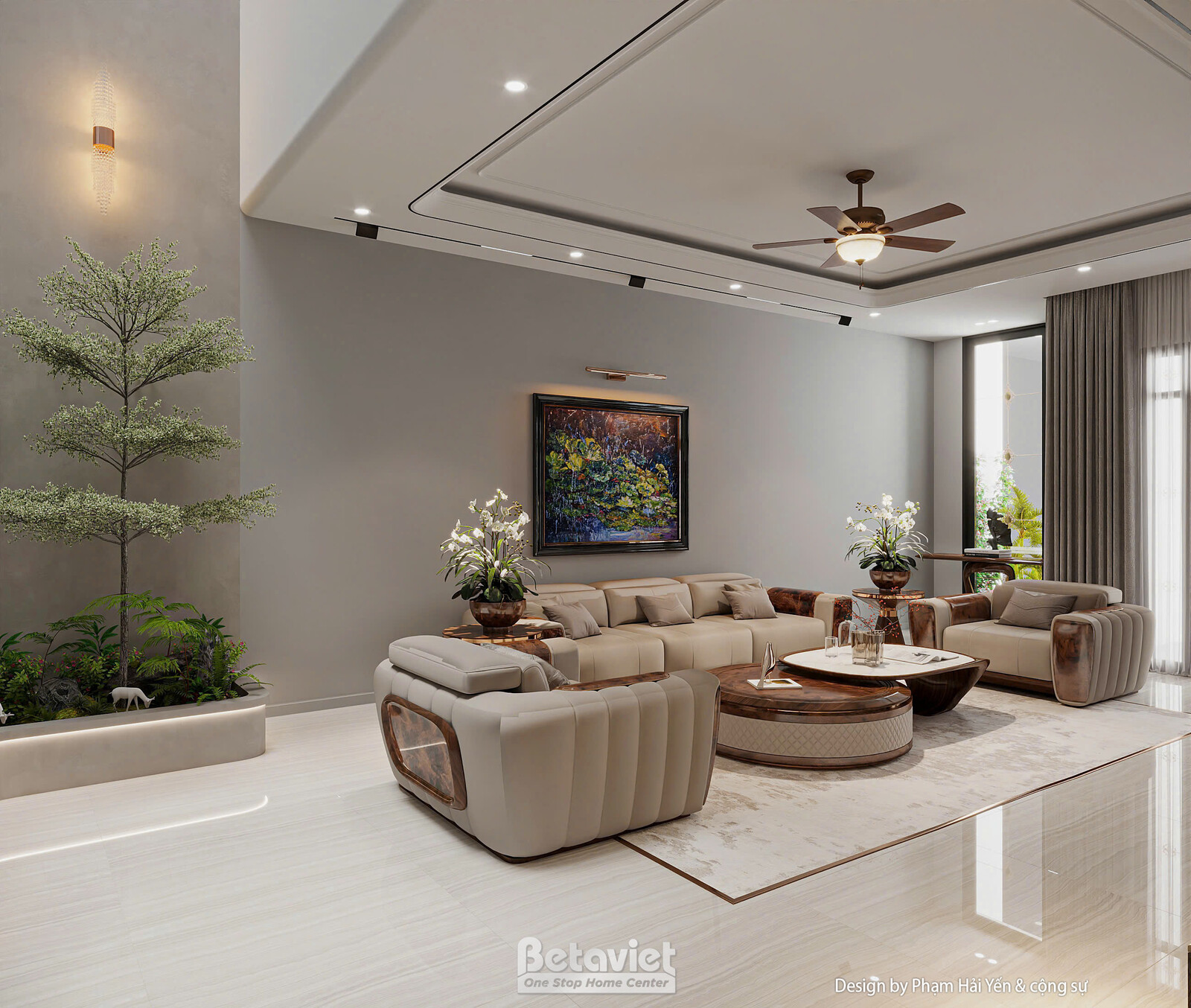 Toàn cảnh phòng khách mở rộng về phía cầu thang gương, vách tivi đá marble kết hợp tủ kệ gỗ, bàn trà tròn đặt cạnh sofa, h…