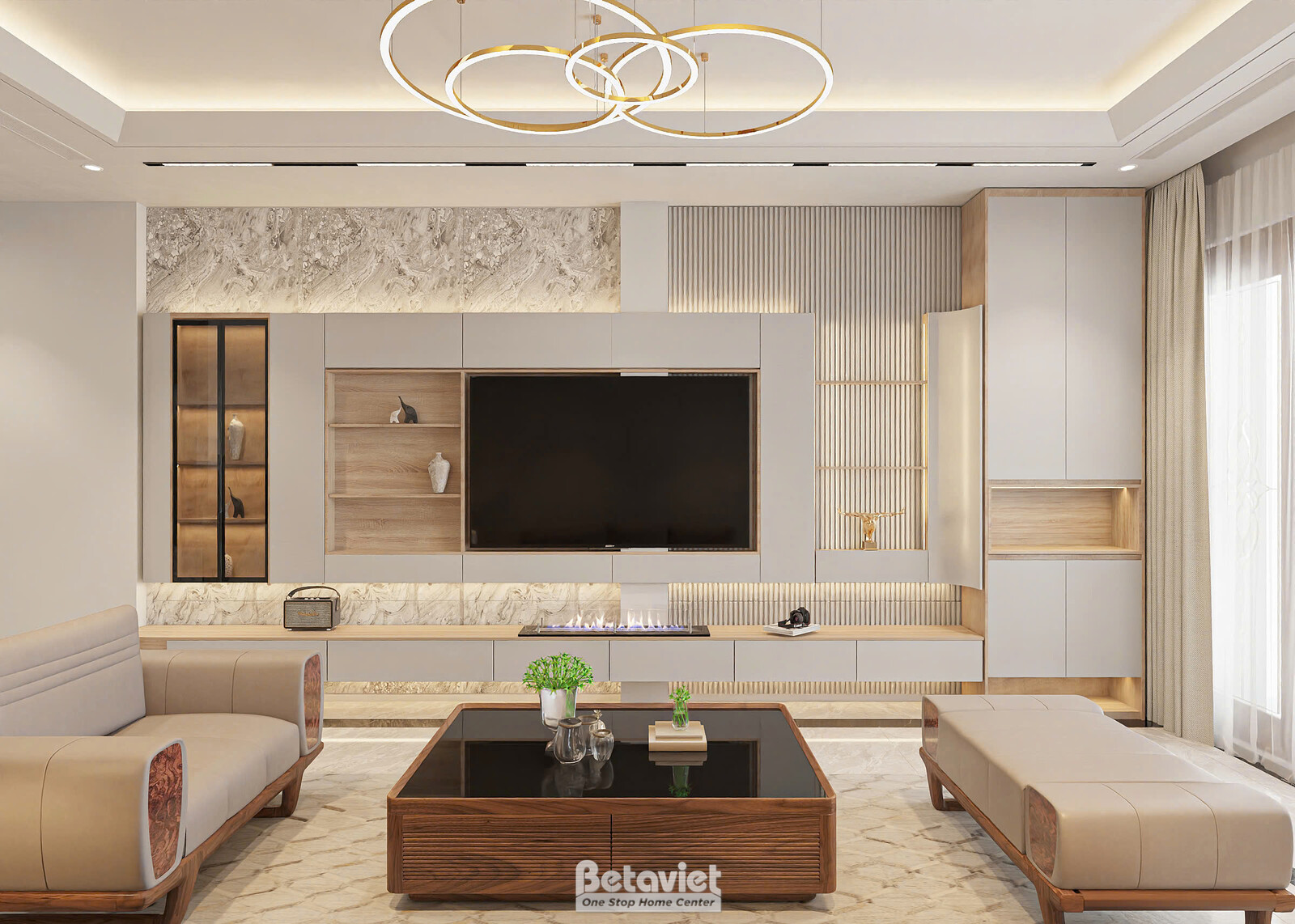 Trực diện vách tivi phòng khách với tủ kệ gỗ sáng màu xen mảng đá marble hậu cảnh, kệ trưng bày mở hai bên. Sofa góc chữ L…
