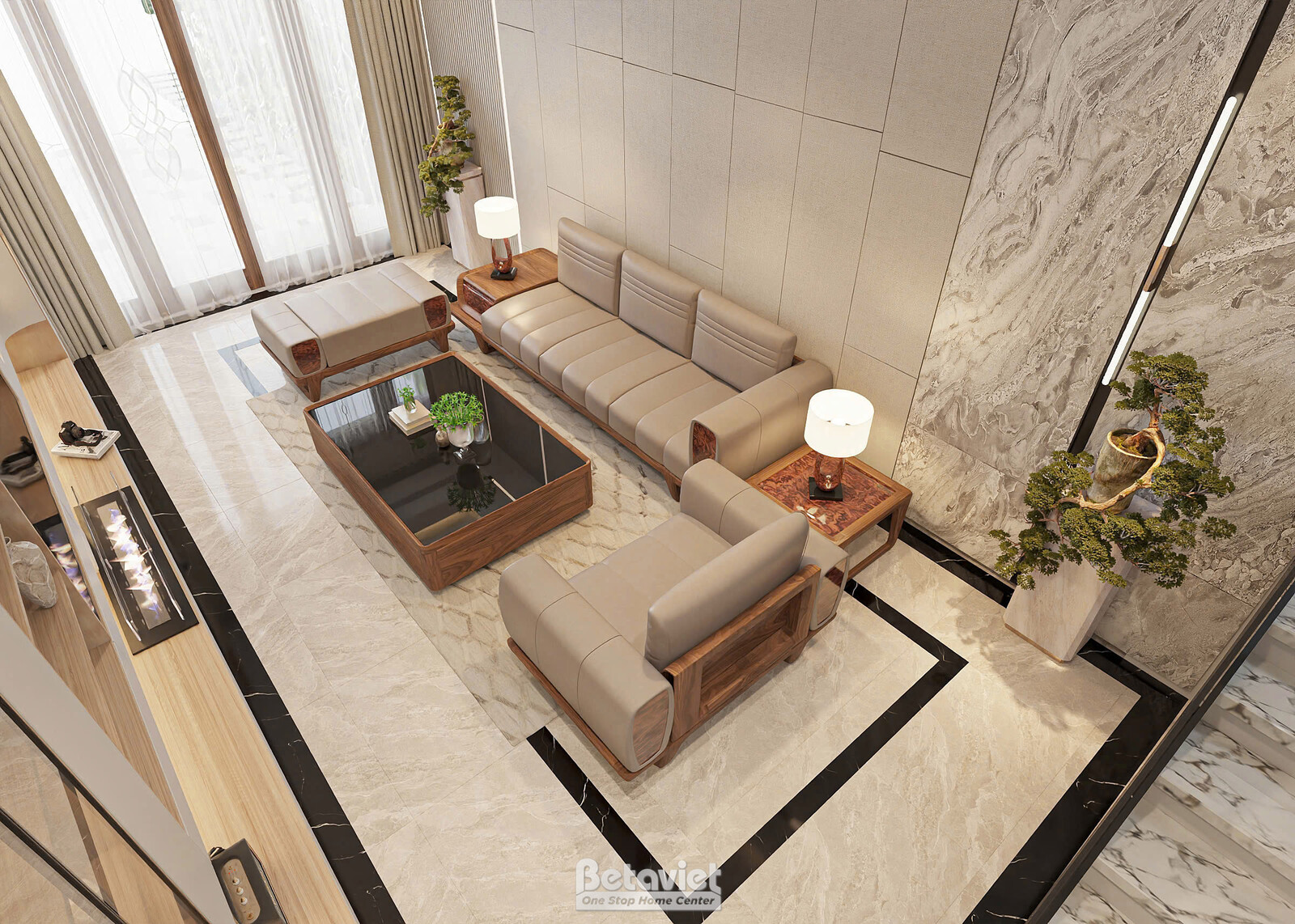 Góc nhìn từ trên cao bao quát phòng khách, lộ rõ hoa văn sàn đá marble viền đen chạy quanh bộ sofa và bàn trà. Cầu thang k…