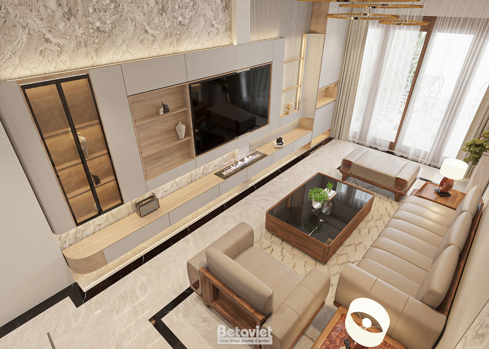 Toàn cảnh phòng khách nhìn từ trên xuống, sofa góc chữ L bọc da be ôm quanh bàn trà và đôn tròn, vách tivi gỗ phối đá phía…
