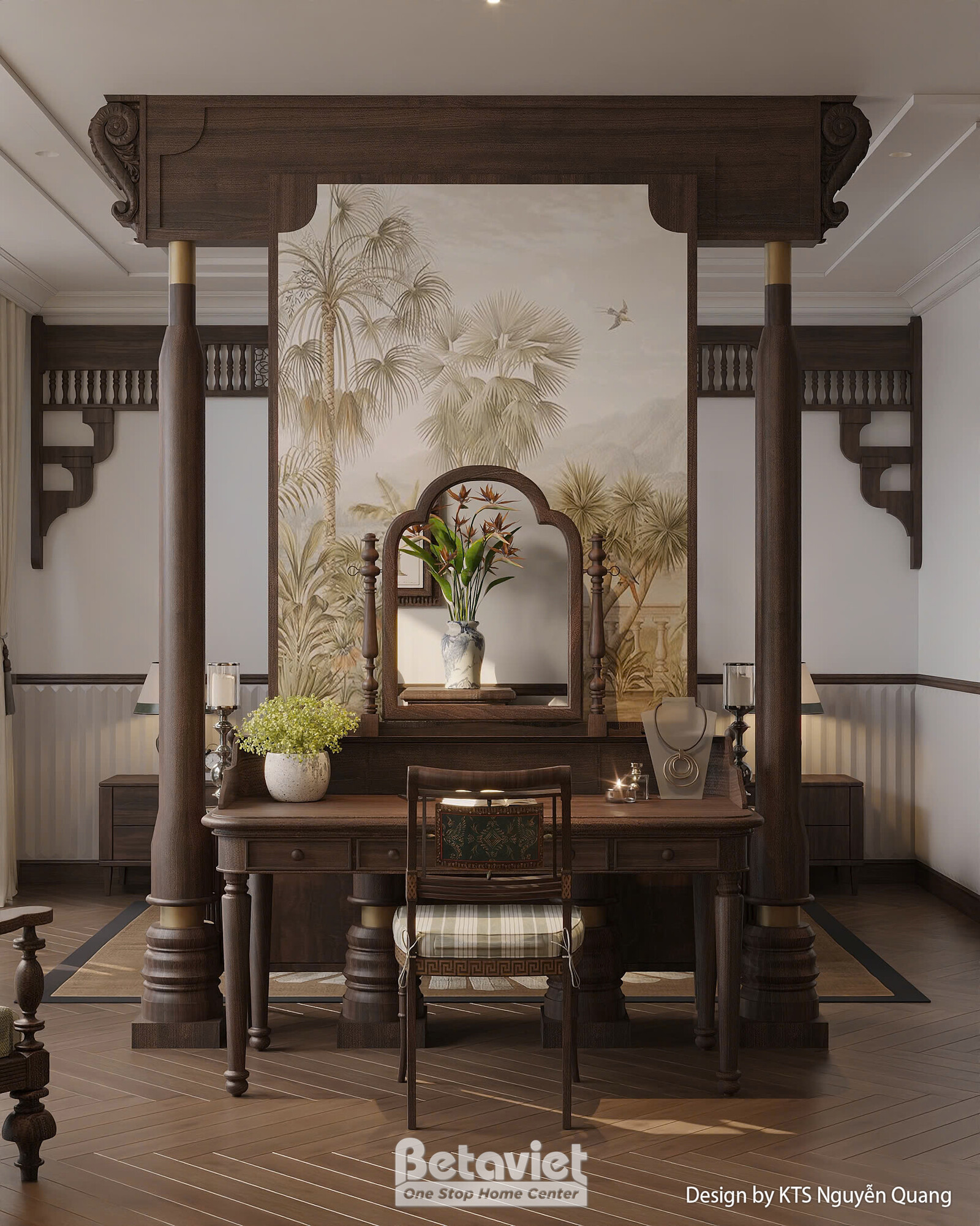 Bàn trang điểm gỗ chạm khắc đặt giữa hai cột trụ gỗ, gương tròn lớn, tranh hoạ tiết cây cọ phía sau, ghế caro nhỏ, sàn gỗ…