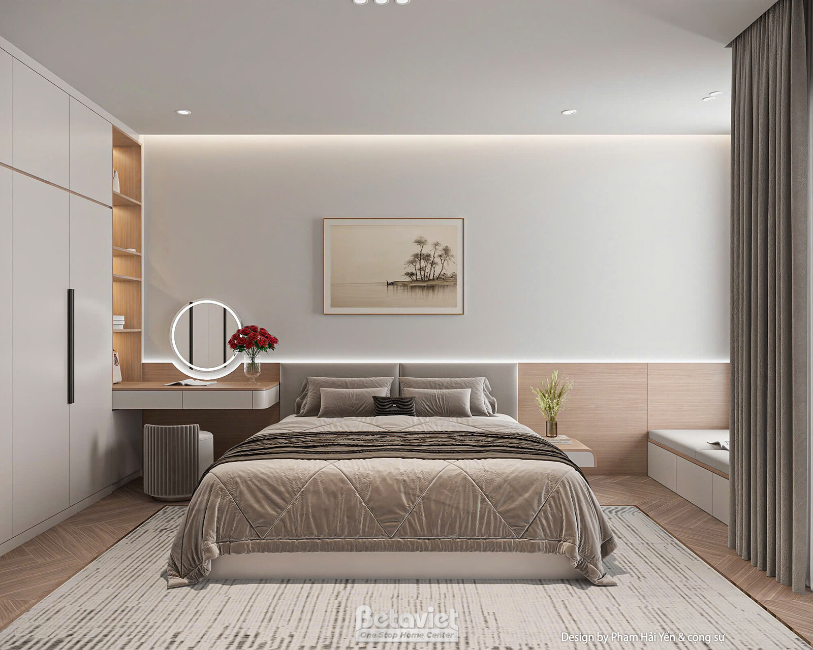 Phòng ngủ với đầu giường ốp gỗ kết hợp đèn hắt led âm tường, ga gối tông nâu be, tranh phong cảnh tối giản treo tường, bàn…
