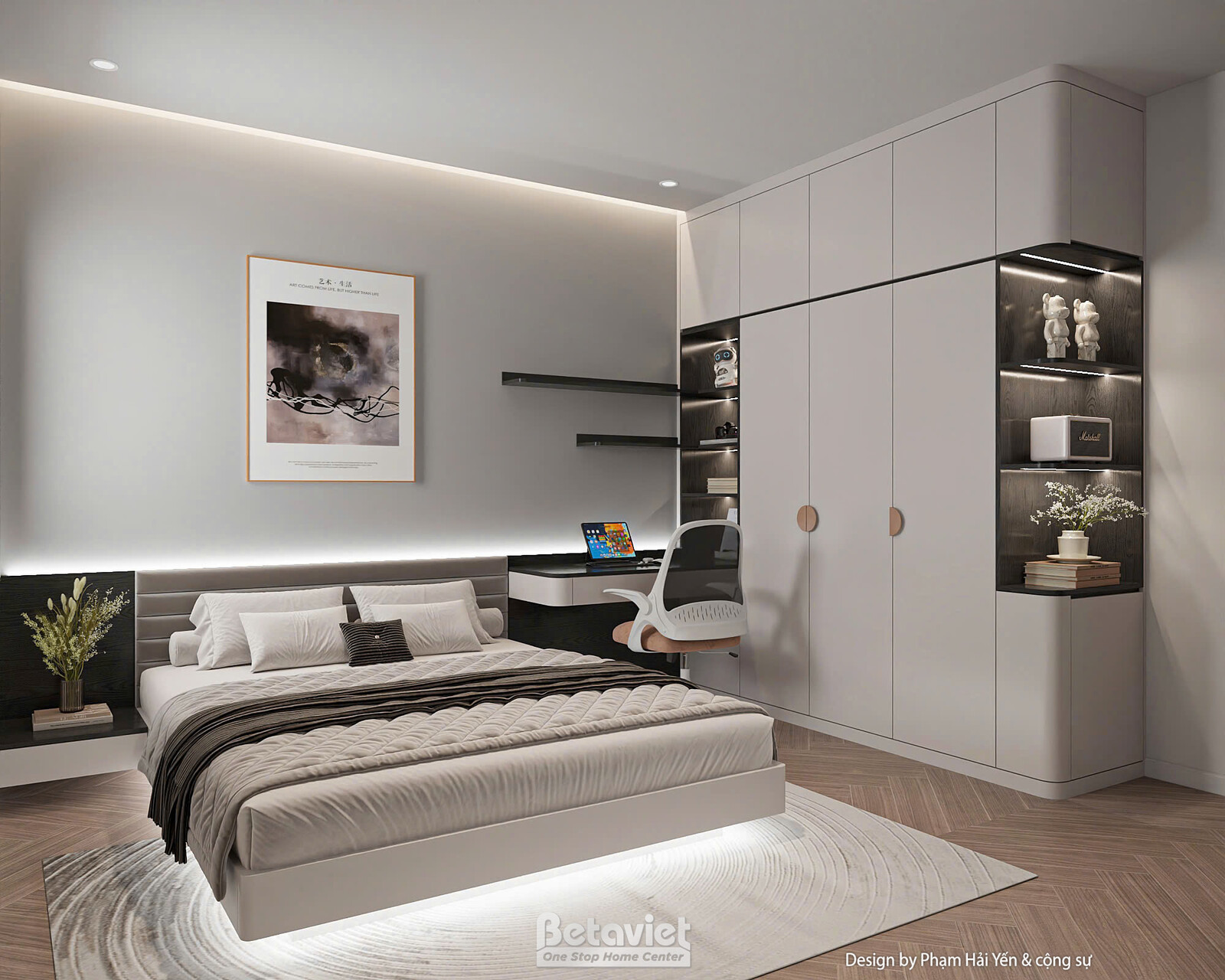 Góc nhìn khác của phòng ngủ với bàn học gỗ đặt cạnh tủ kệ trang trí nhiều ngăn trưng bày mô hình, giường nệm xám kê sát tư…