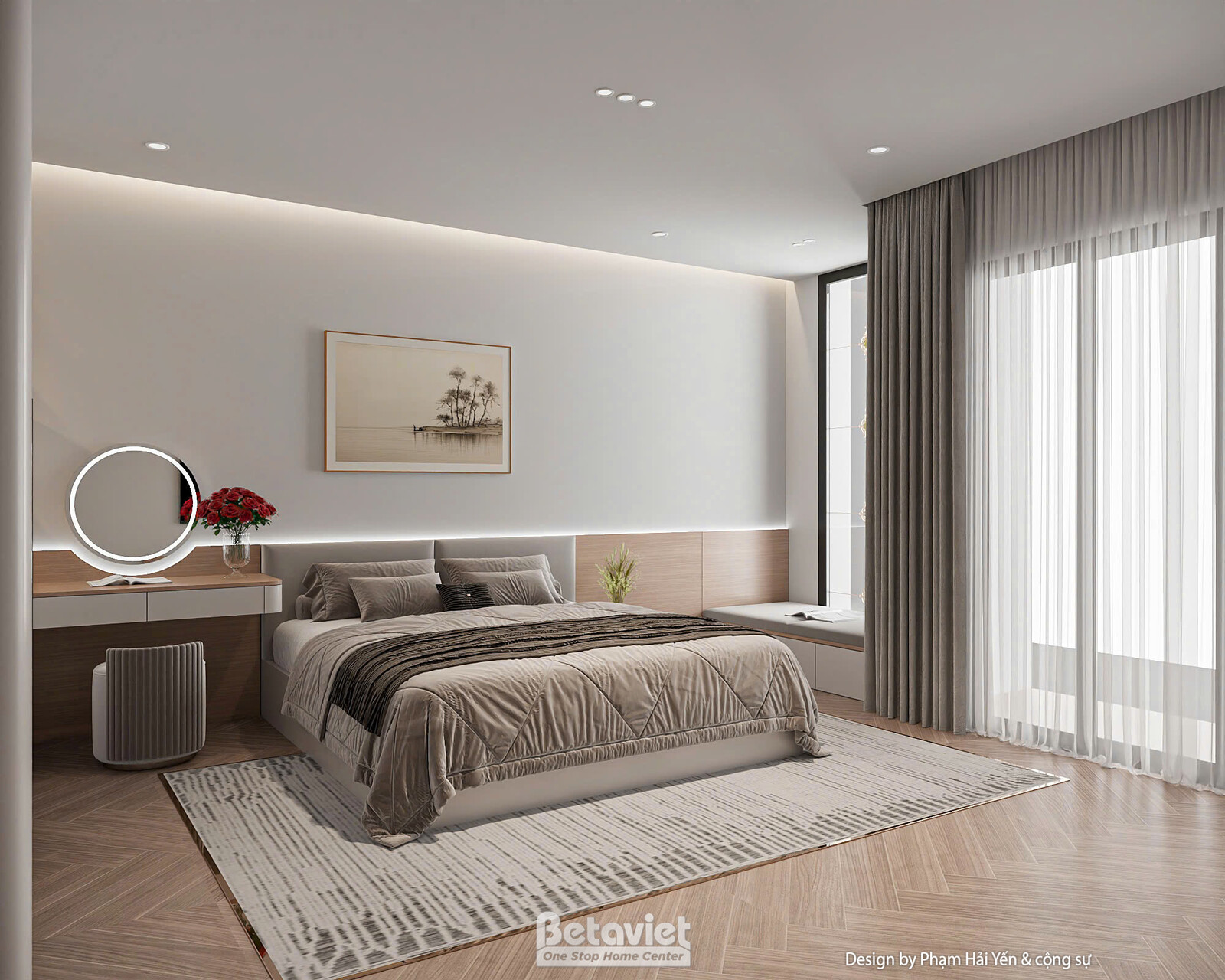 Góc phòng ngủ có bàn trang điểm gương tròn cạnh cửa sổ kính lớn, rèm vải rủ mềm, giường bọc nệm màu be, sàn gỗ vân ngang t…