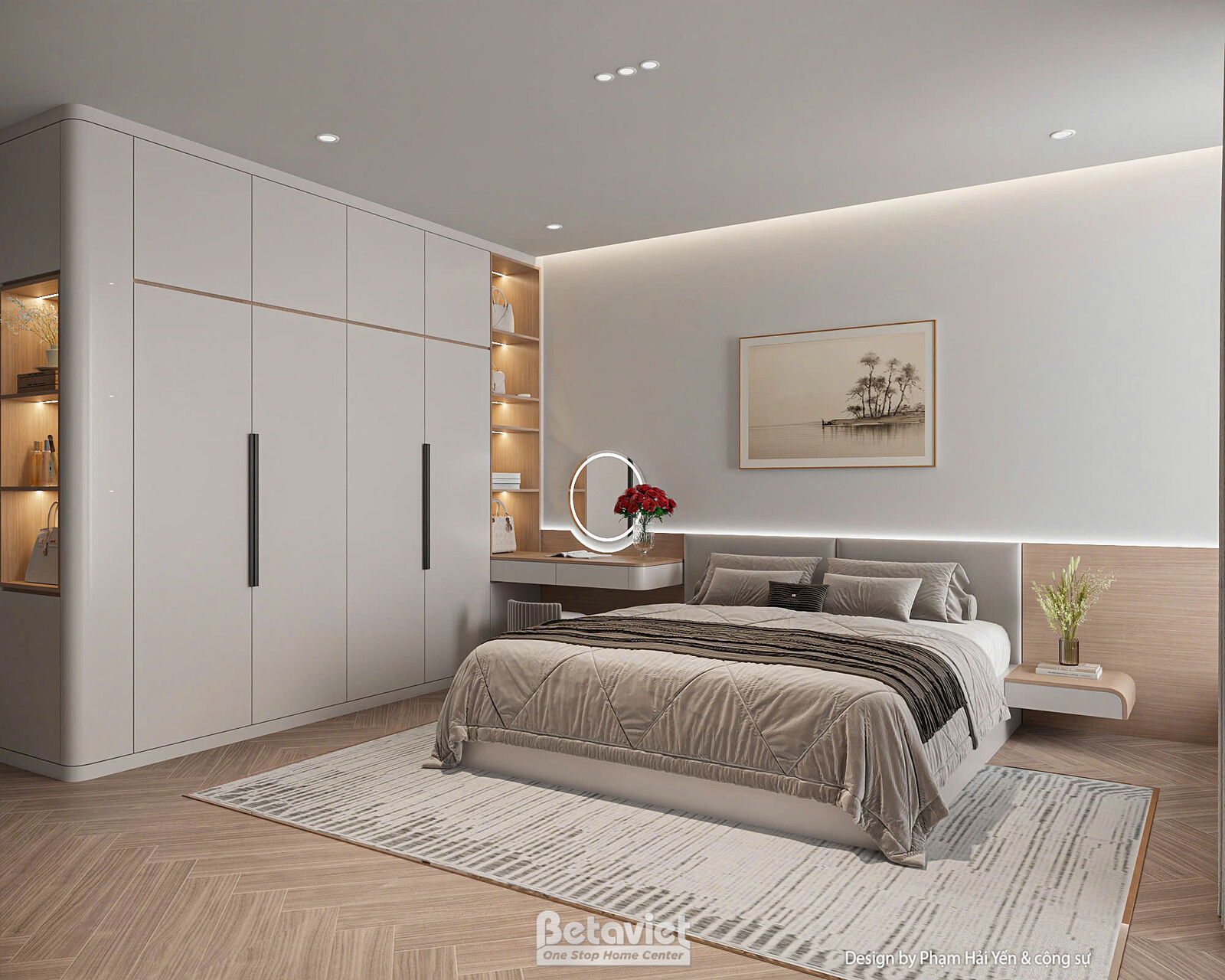 Phòng ngủ với hệ tủ áo âm tường cửa lùa sơn trắng, bàn trang điểm gương tròn tích hợp, tranh treo tường tối giản, giường n…