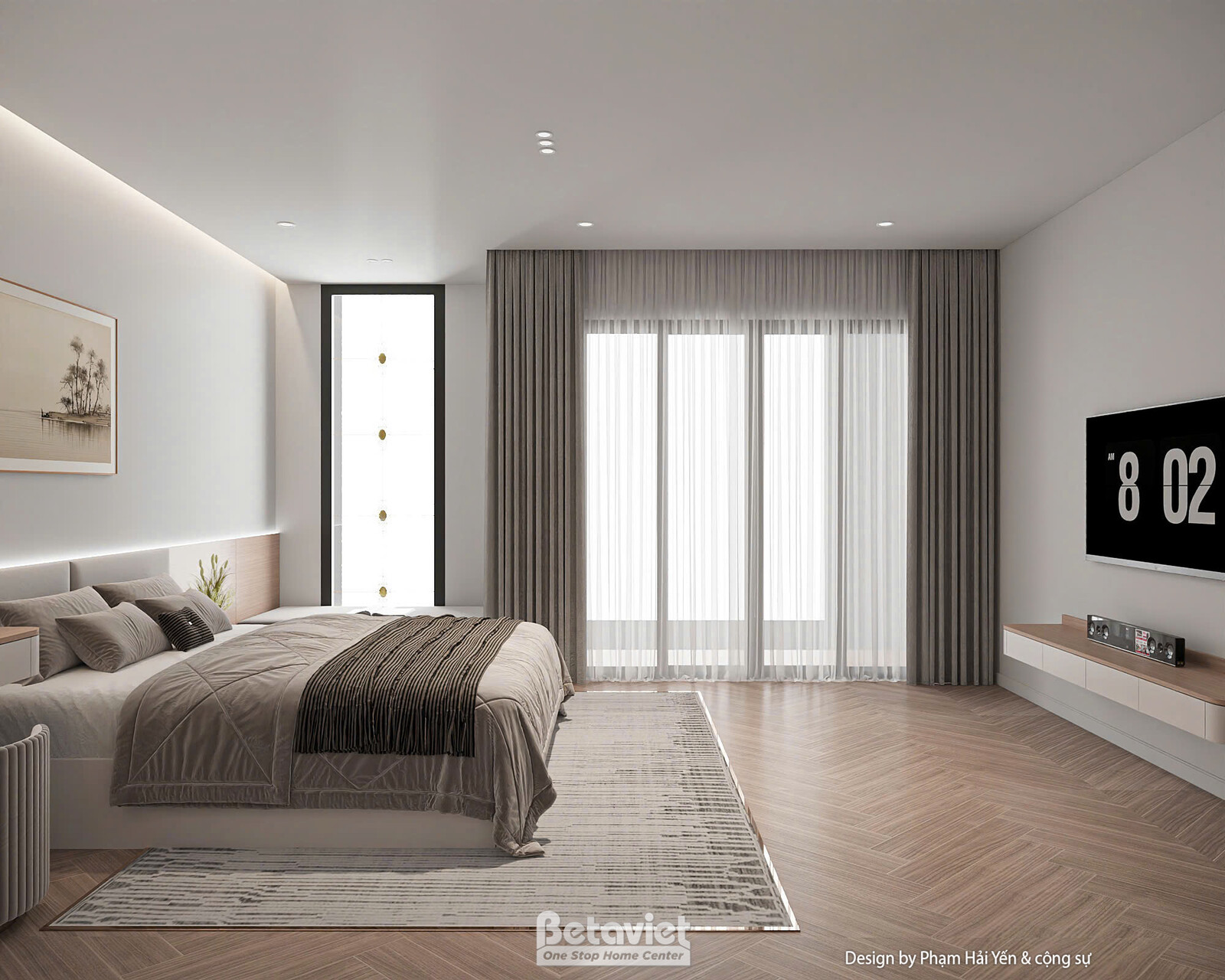 Phòng ngủ có hệ cửa sổ kính lớn với rèm hai lớp linh hoạt, kệ tivi thấp đặt đối diện giường, ánh sáng tự nhiên tràn vào ph…