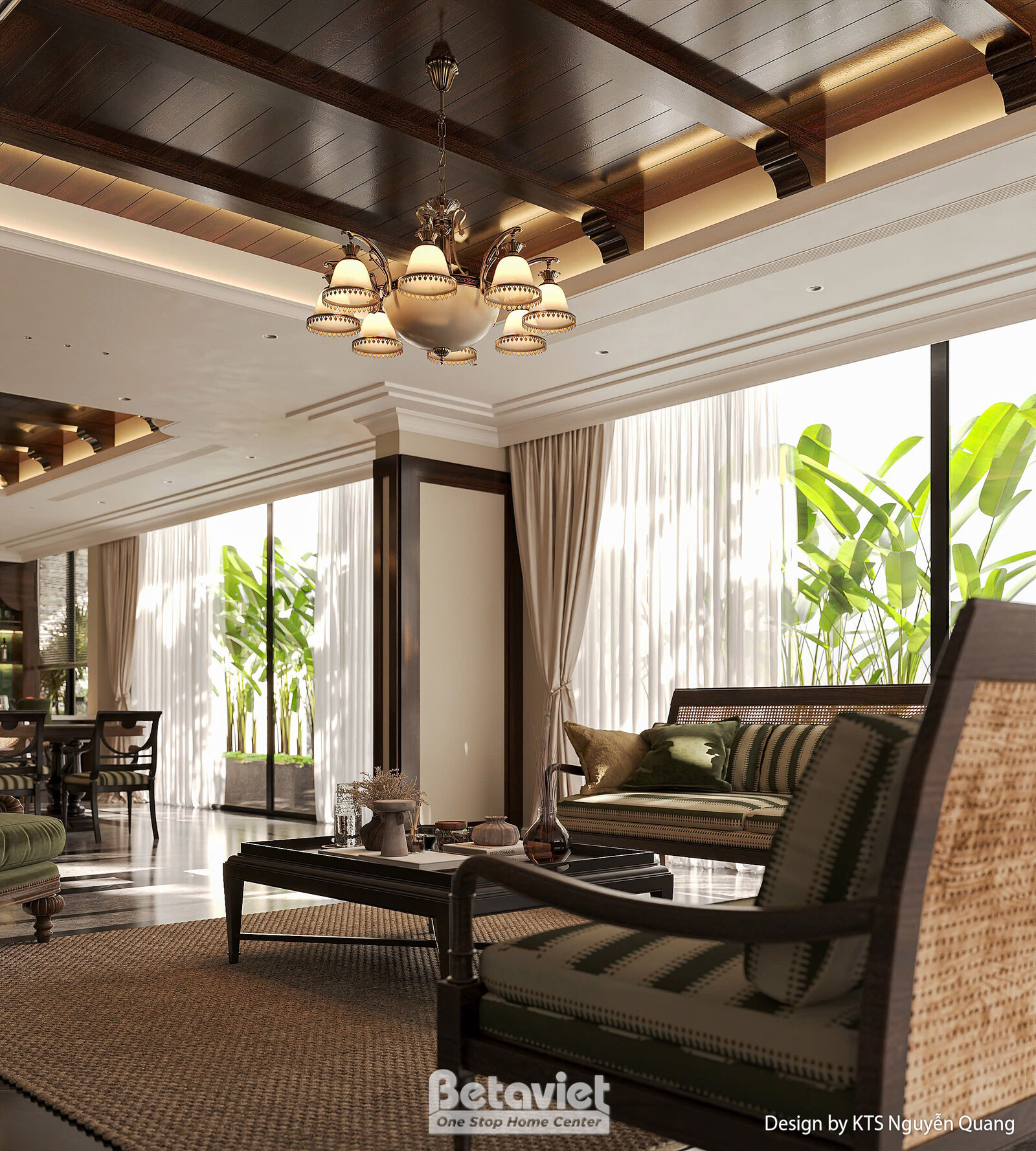 Toàn cảnh phòng sinh hoạt chung góc khác, trần gỗ giật cấp với đèn chùm, sofa mây bọc nệm sọc, bàn trà gỗ, thảm dệt, cửa k…