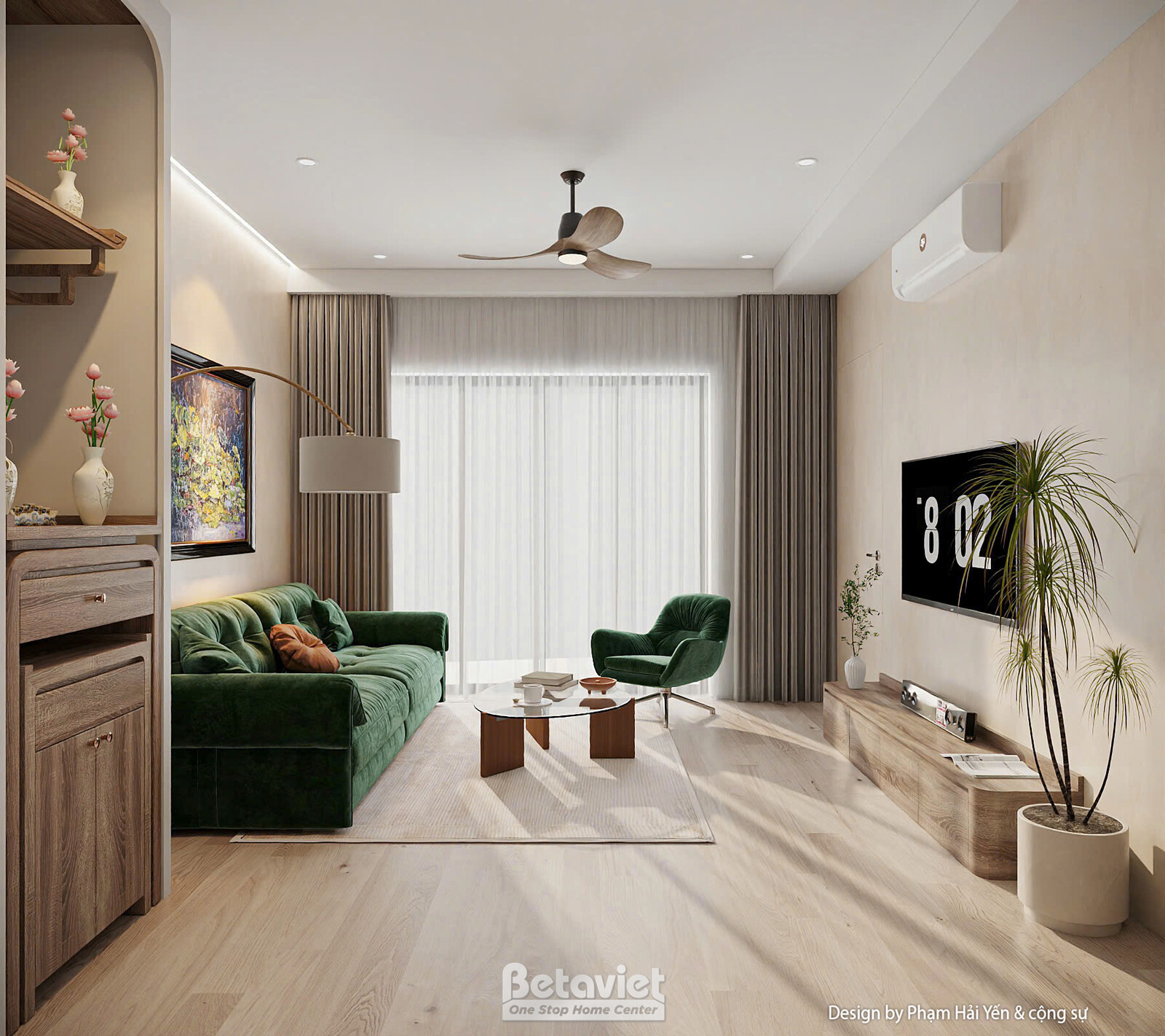 Phòng khách với sofa văng và ghế bành xanh rêu quây quanh bàn trà kính. Tủ góc tường trưng bày bình hoa, rèm vải be phủ cử…
