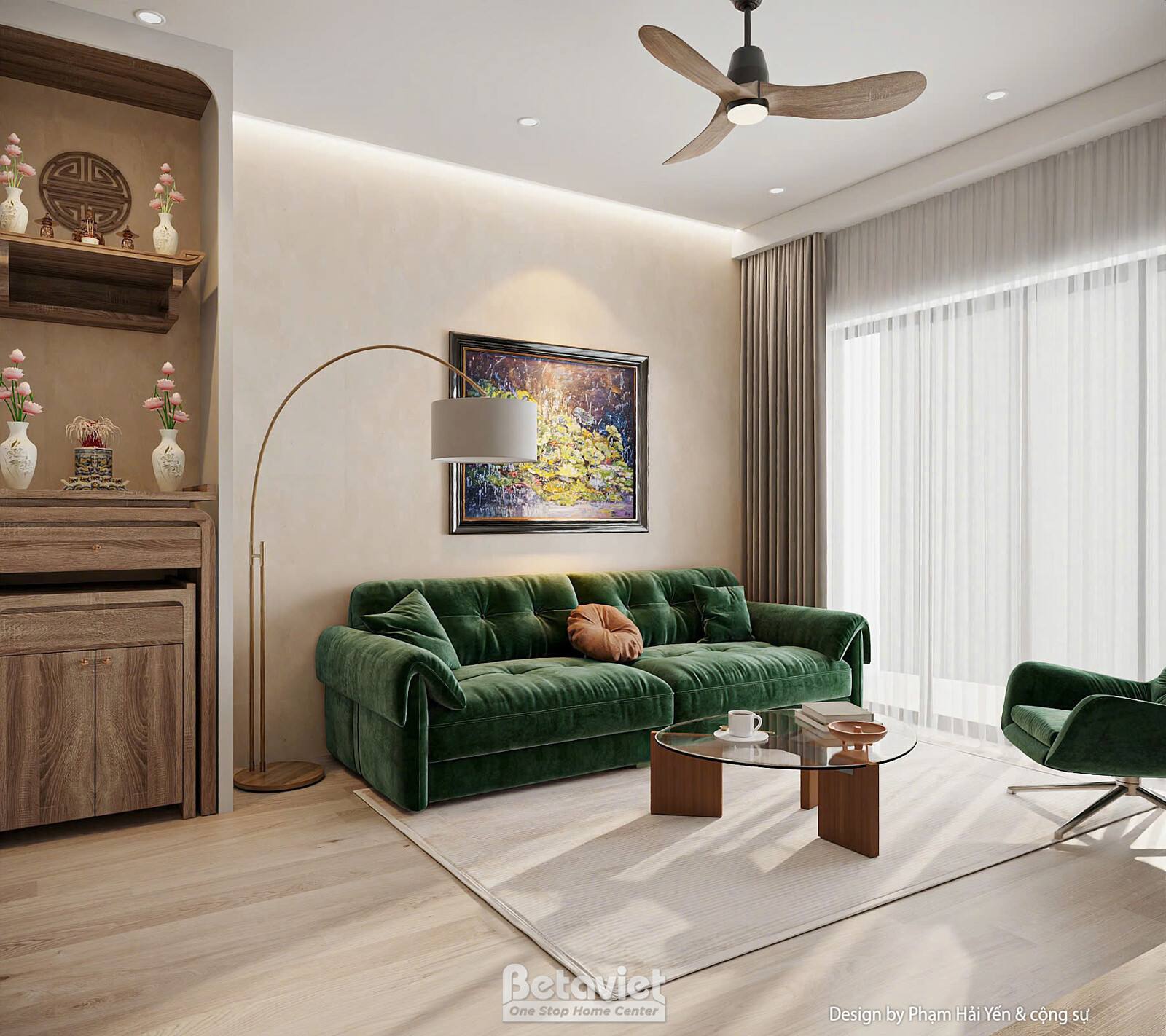 Góc tiếp khách với tủ kệ trang trí gỗ đặt bình gốm, đèn cây đứng cạnh sofa văng xanh rêu. Tranh nghệ thuật khổ lớn treo tư…