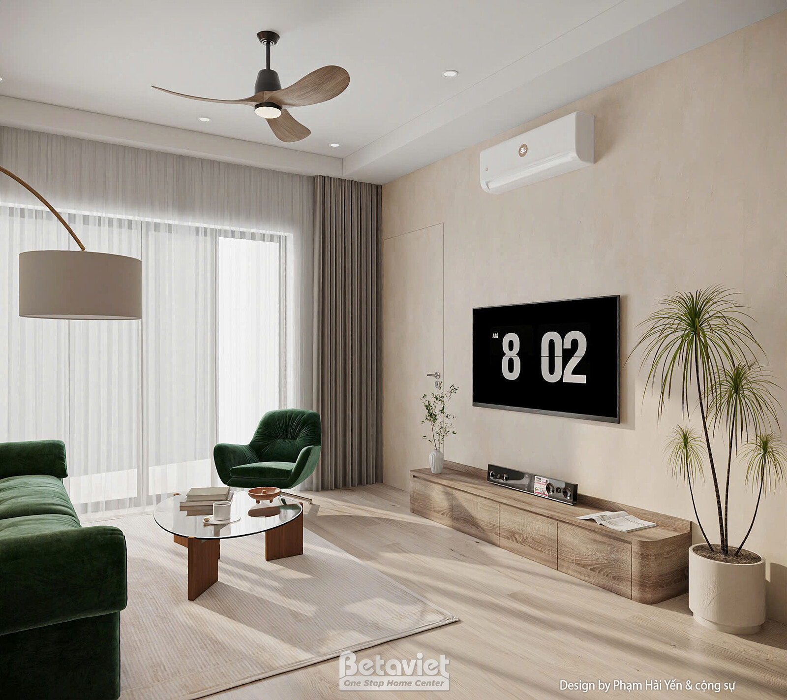 Góc phòng khách cạnh cửa sổ lớn, rèm hai lớp buông mềm mại đón ánh sáng tự nhiên. Đèn sàn đứng, ghế bành xanh rêu, kệ tivi…