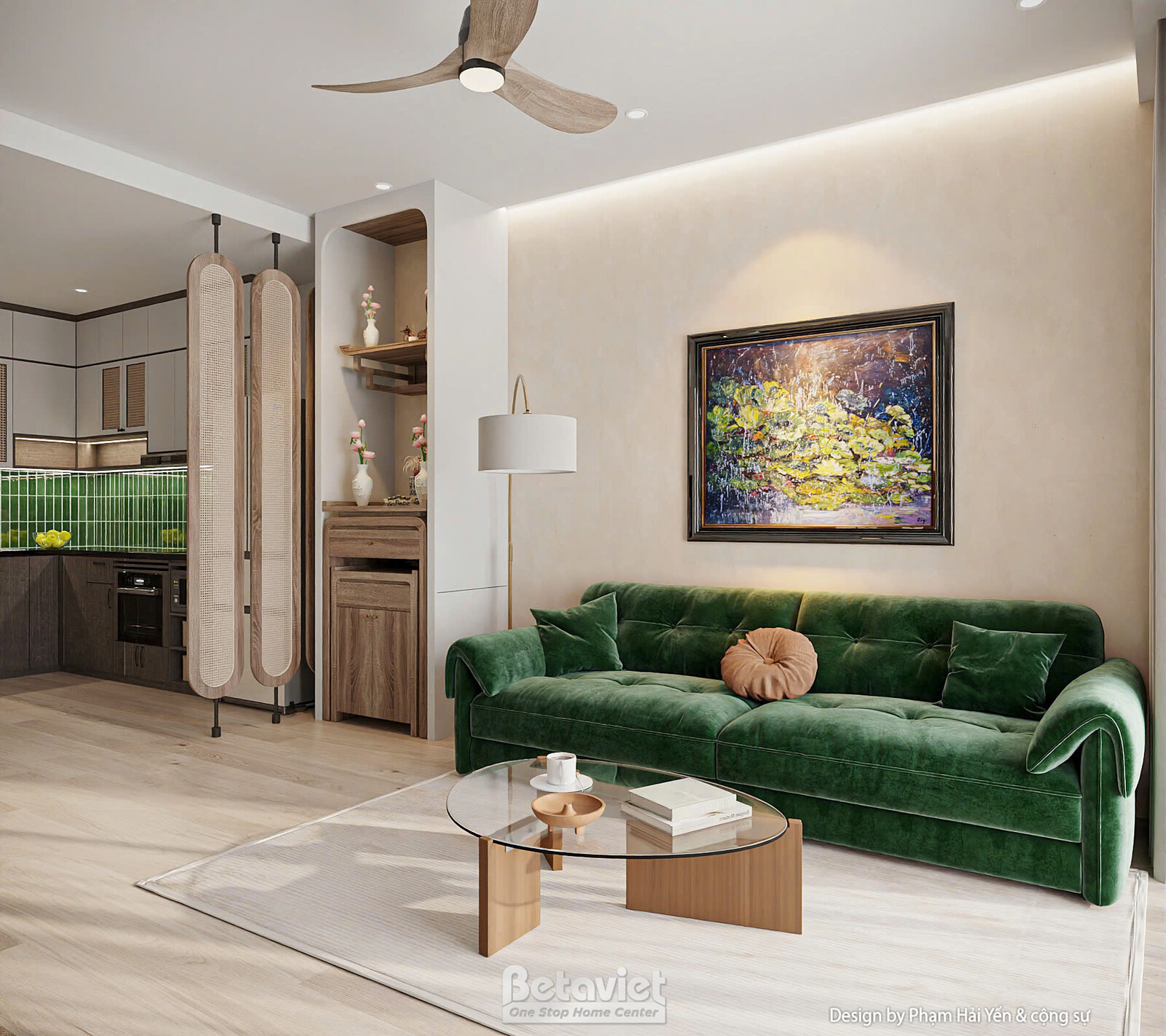 Phòng khách nhìn về phía khu bếp mở, tranh nghệ thuật lớn làm điểm nhấn tường be phía sau sofa văng xanh rêu. Bàn trà mặt…