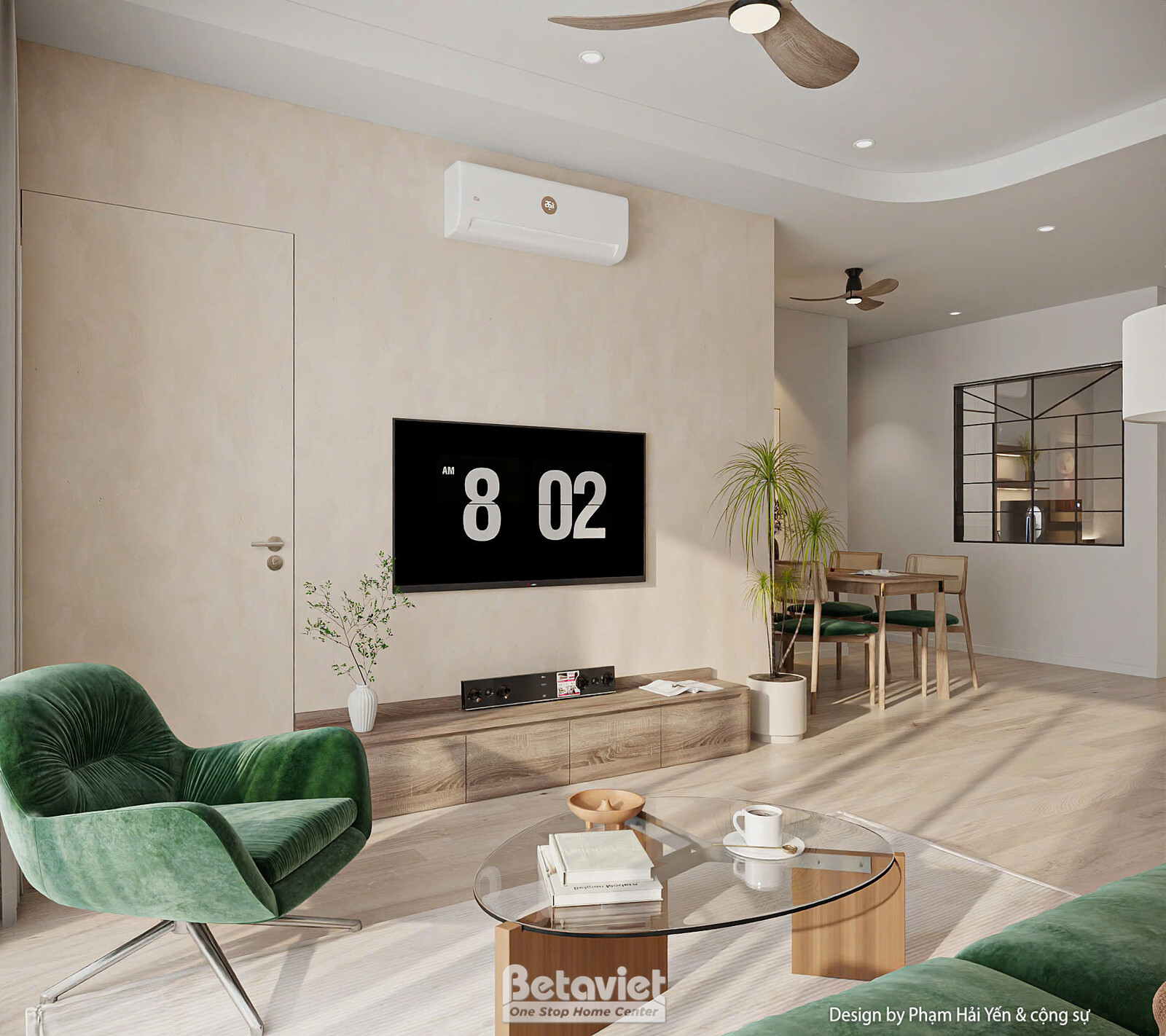 Góc phòng khách với sofa nhung xanh rêu và ghế thư giãn đối diện kệ tivi gỗ, bàn trà mặt kính chân gỗ ở giữa. Phía xa thấp…