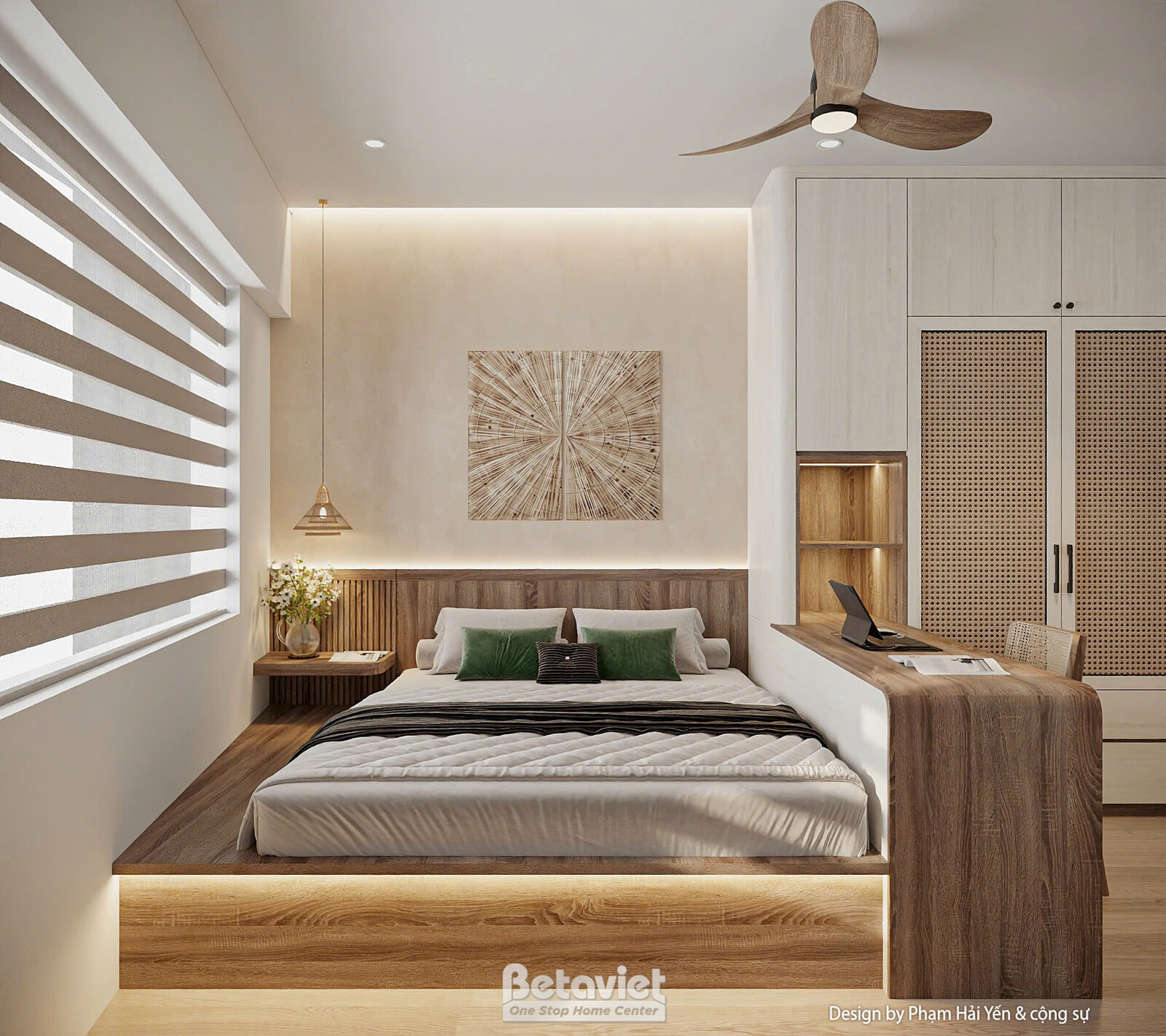 Phòng ngủ với giường dạng bục tích hợp đèn LED hắt sàn tạo hiệu ứng nổi khối. Đầu giường ốp gỗ kết hợp mảng rèm cuốn lớn đ…