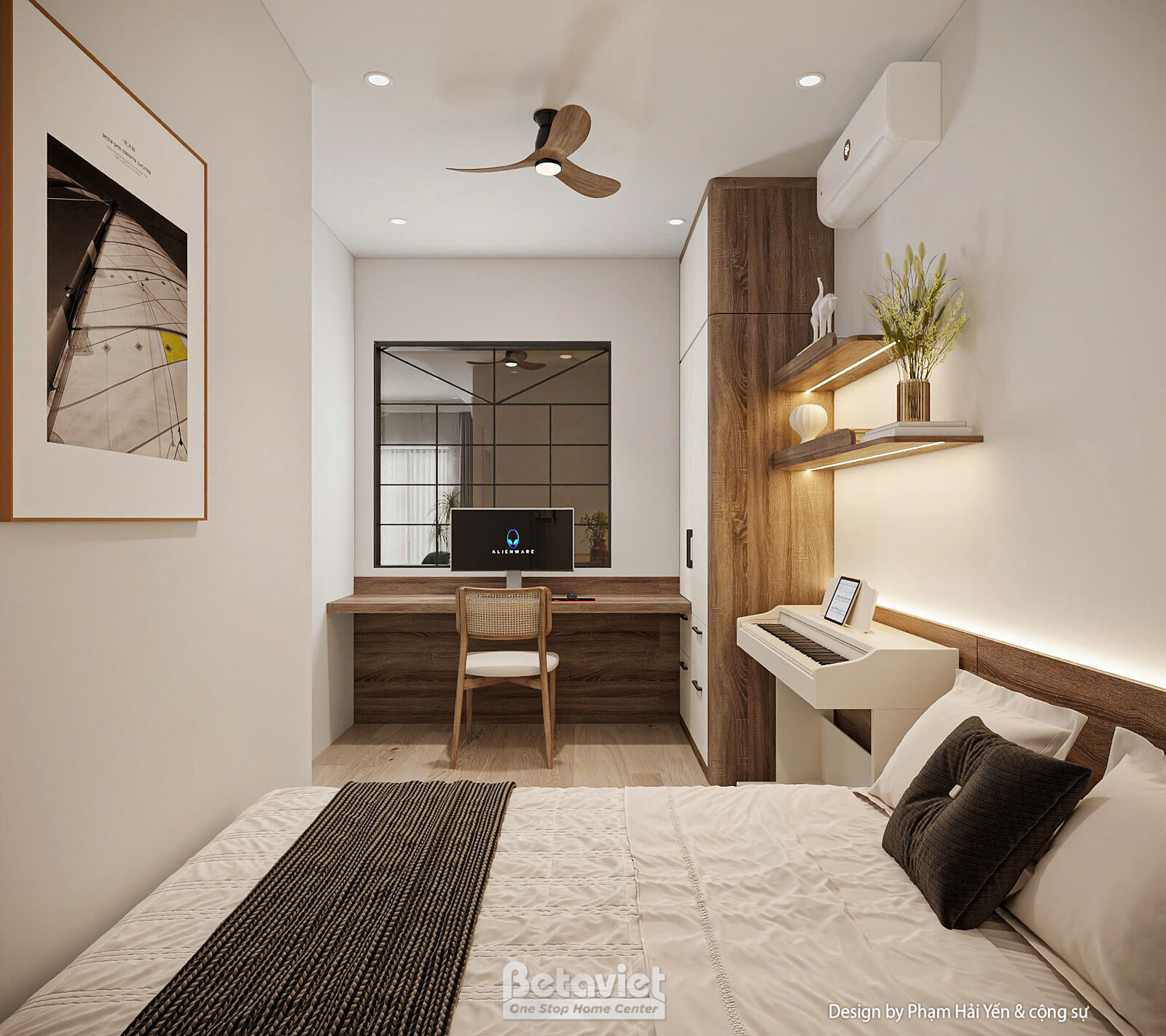 Phòng ngủ với hai bàn học đối xứng hai bên đầu giường, gương lớn treo tường, tủ gỗ vân sẫm lưu trữ. Giường nệm họa tiết sọ…