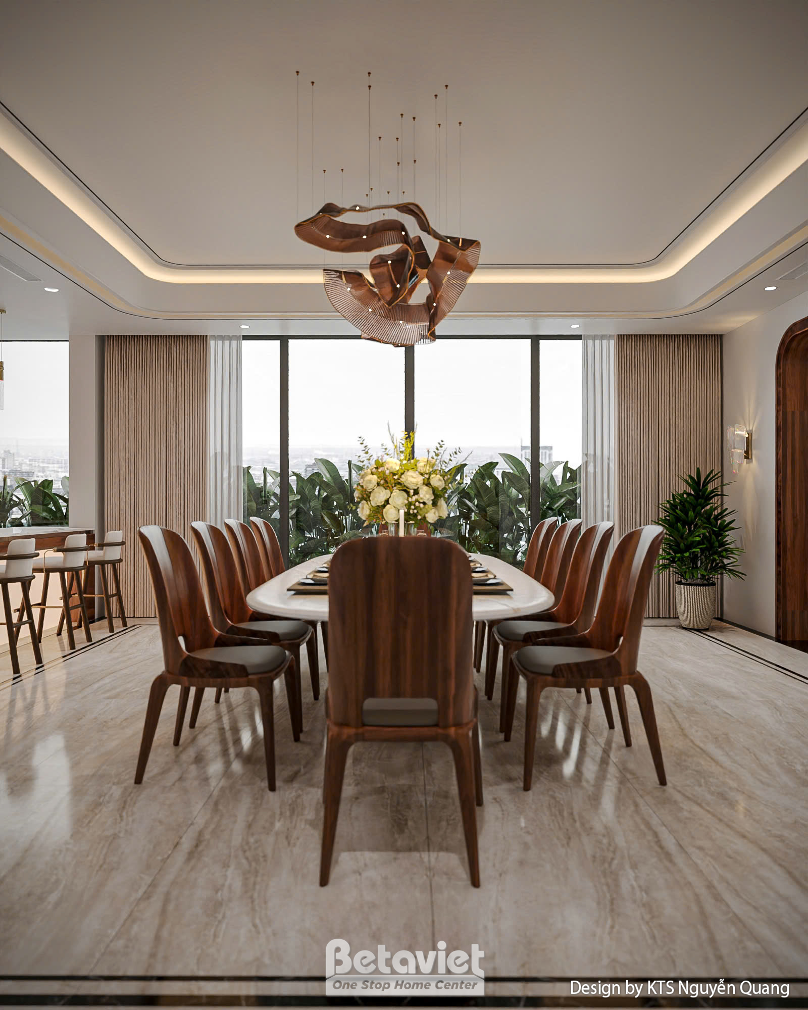 Phòng ăn với bàn oval mặt đá chân gỗ, tám ghế bọc nệm bo cong sắp đối xứng, đèn thả nghệ thuật tạo hình cành gỗ uốn lượn t…