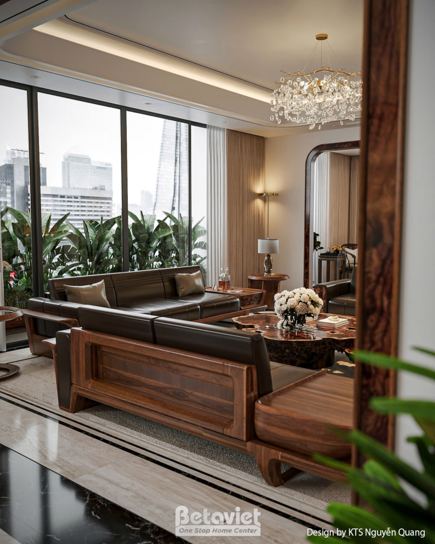 Góc chụp từ khu vực sofa hướng ra hệ cửa kính cao kịch trần, thấy rõ khung cảnh nhà cao tầng thành phố, cột gương tròn phả…