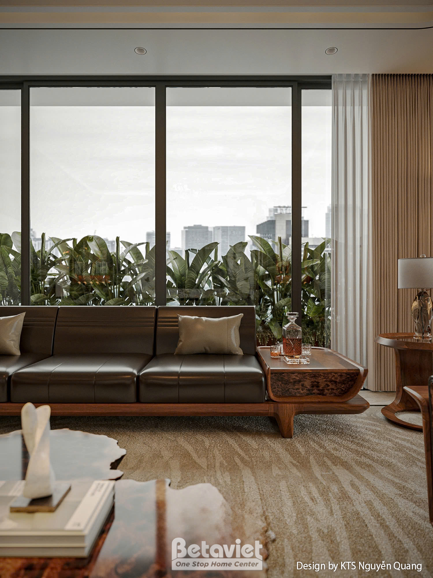 Cận cảnh dãy sofa đơn kê sát cửa sổ lớn, bàn phụ gỗ đặt đèn bàn dáng cổ điển, tượng điêu khắc trắng trưng trên sàn đá, ánh…
