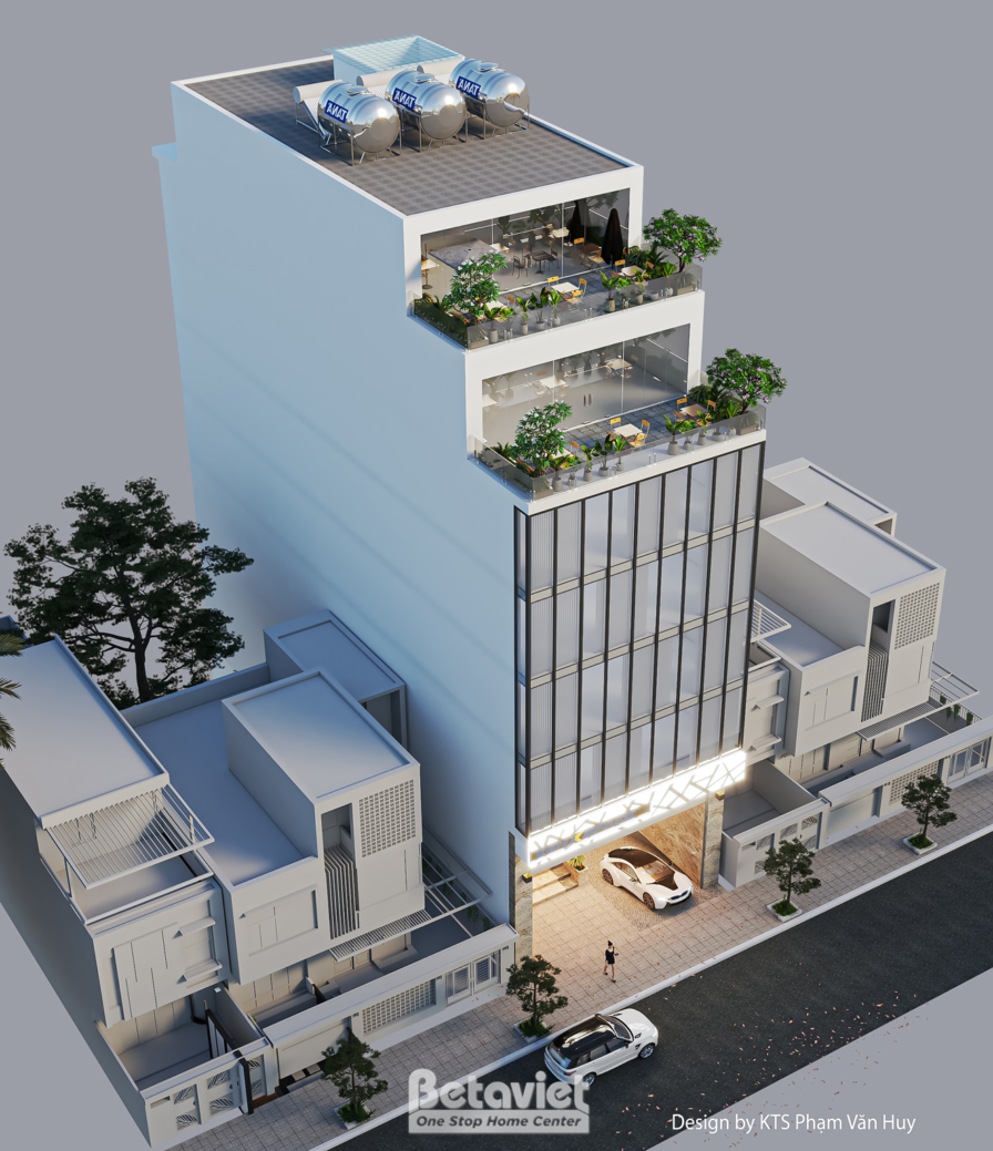 Phối cảnh góc chim tổng thể trụ sở văn phòng 7 tầng nhìn từ trên cao, mặt tiền kính khung thép sẫm màu, hai tầng sân thượn…