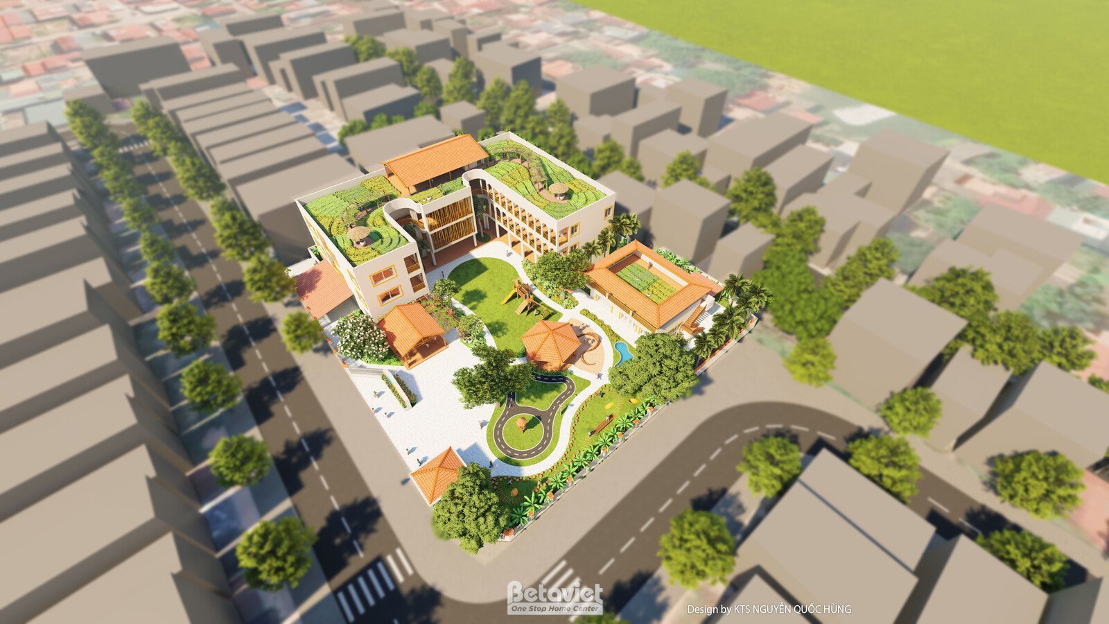 Phối cảnh trên cao toàn bộ khuôn viên trường, khối nhà chính mái xanh sân thượng cùng các khối phụ mái ngói đỏ rải rác qua…