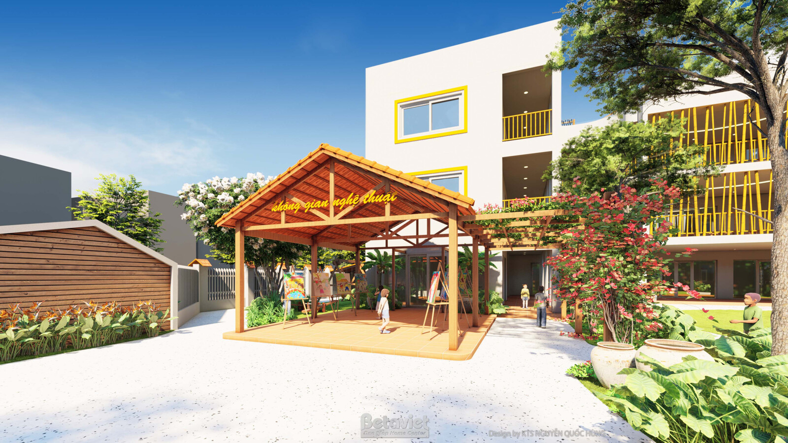 Góc nhà chòi mái ngói đỏ khung gỗ mang biển chữ trang trí, cạnh khối nhà trắng ốp lam gỗ nan chéo hình mắt cáo và cửa sổ v…