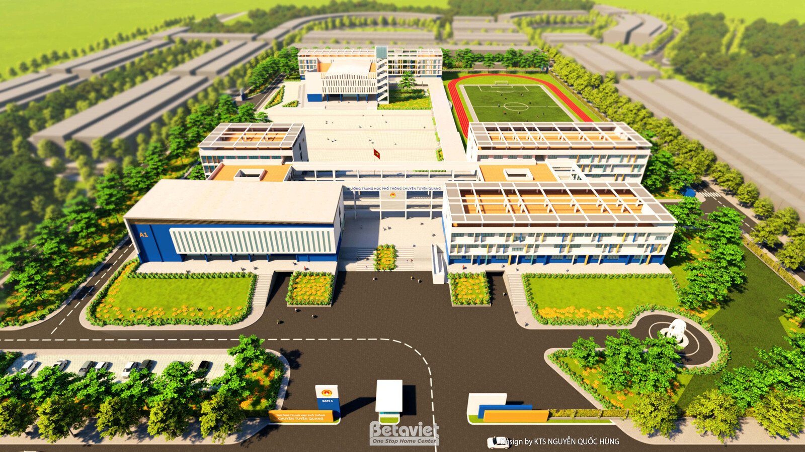 Phối cảnh 3D cận cảnh hơn cho thấy mặt đứng khối nhà học với các dải lam đứng đa sắc cam, xanh lam, đỏ xen trên nền tường…