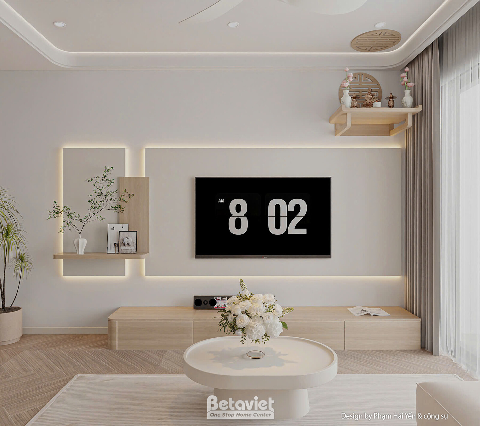 Mảng tường tivi ốp phào chỉ âm kết hợp đèn LED viền tạo chiều sâu, kệ trang trí treo tường bên cạnh trưng vật dụng nhỏ và…