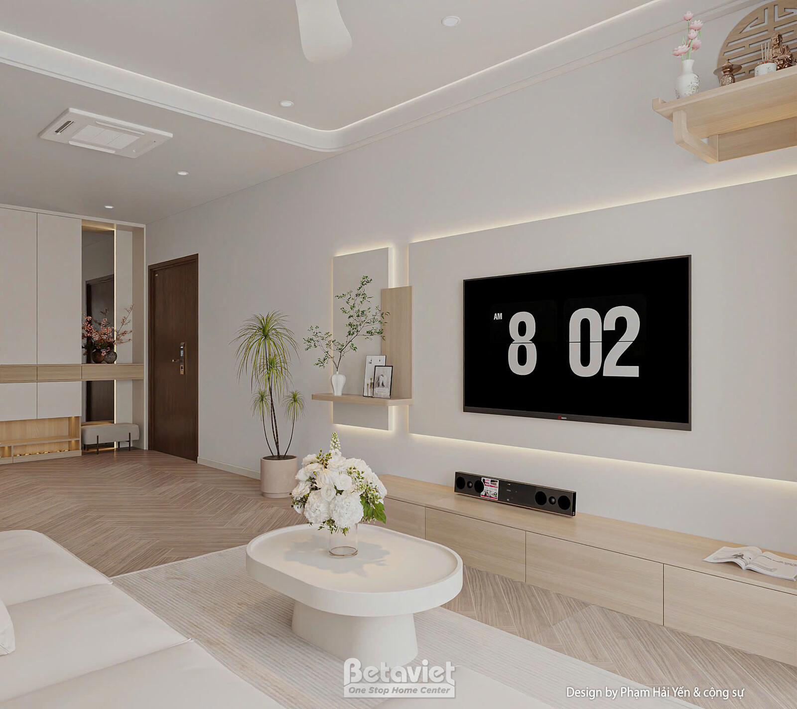 Cận cảnh khu vực tường tivi nhìn từ phía sofa, kệ tivi gỗ sáng tích hợp loa soundbar, bàn trà tròn chân trụ đặt đối diện…