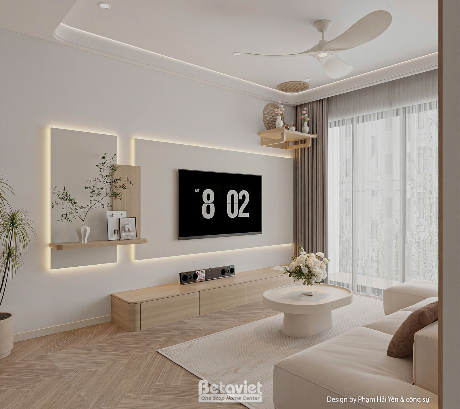 Góc nhìn rộng kết hợp khu tường tivi và sofa, phào chỉ âm đèn LED nổi bật trên nền tường trắng kem. Kệ treo trang trí với…