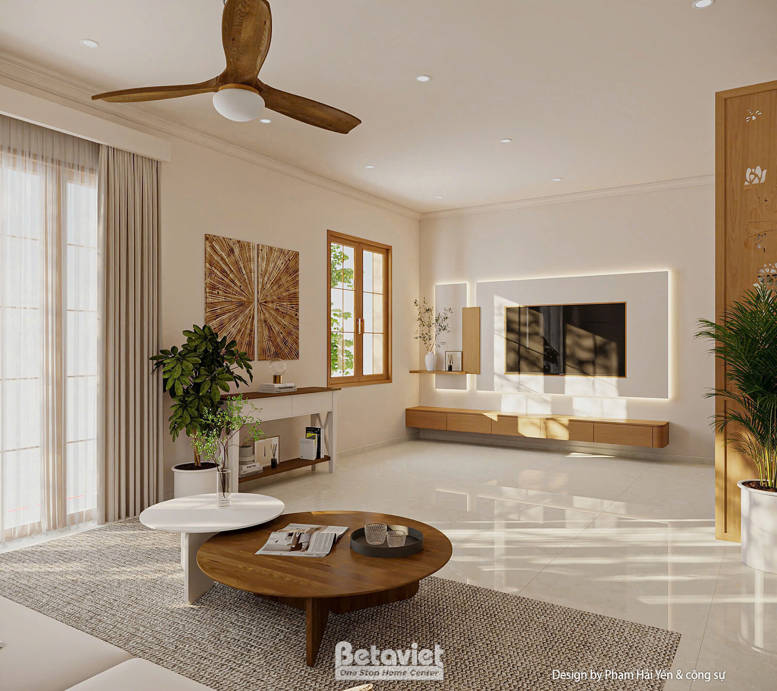 Toàn cảnh không gian mở liên thông khu tivi, sofa và cầu thang, vách ngăn chạm hoa văn tinh xảo, cây xanh điểm xuyết, bàn…