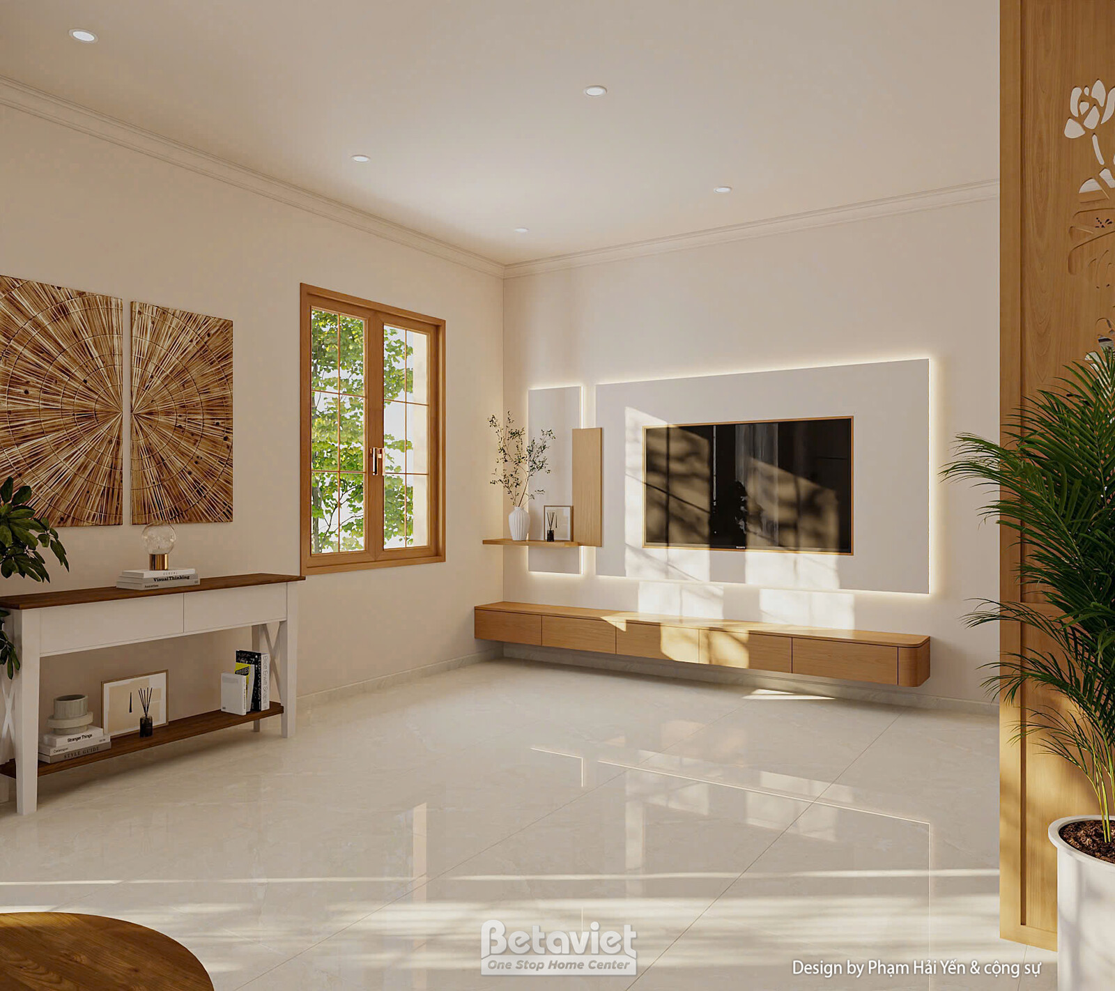 Mảng tường tivi có đèn hắt viền khung sáng nhẹ, kệ tủ gỗ thấp phía dưới, tranh trang trí treo tường, cửa sổ khung gỗ và câ…
