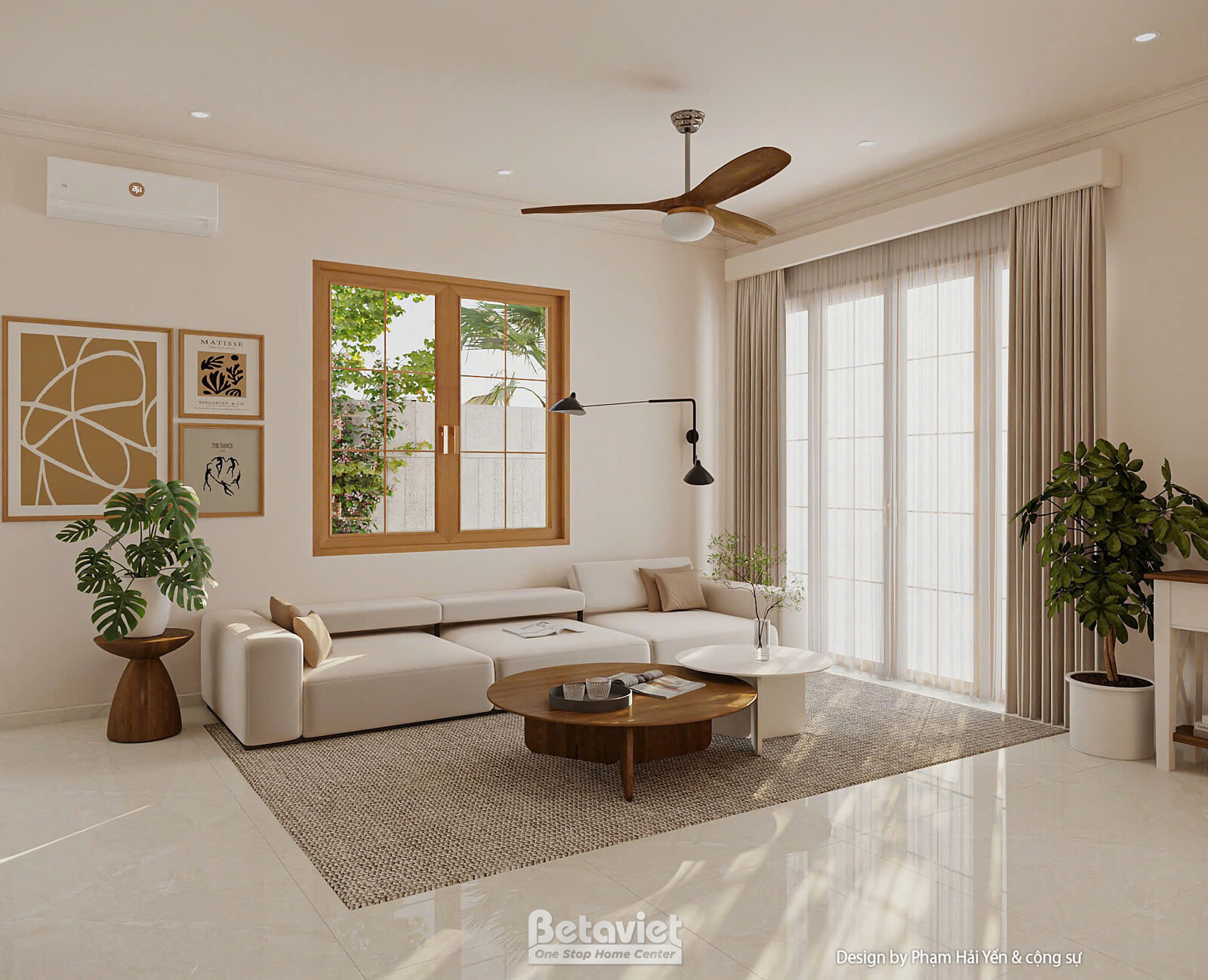 Sofa góc chữ L màu kem trải dài kết hợp bàn trà đôi mặt đá trắng và gỗ, thảm dệt trung tính, cửa kính cao rèm voan, đèn tư…